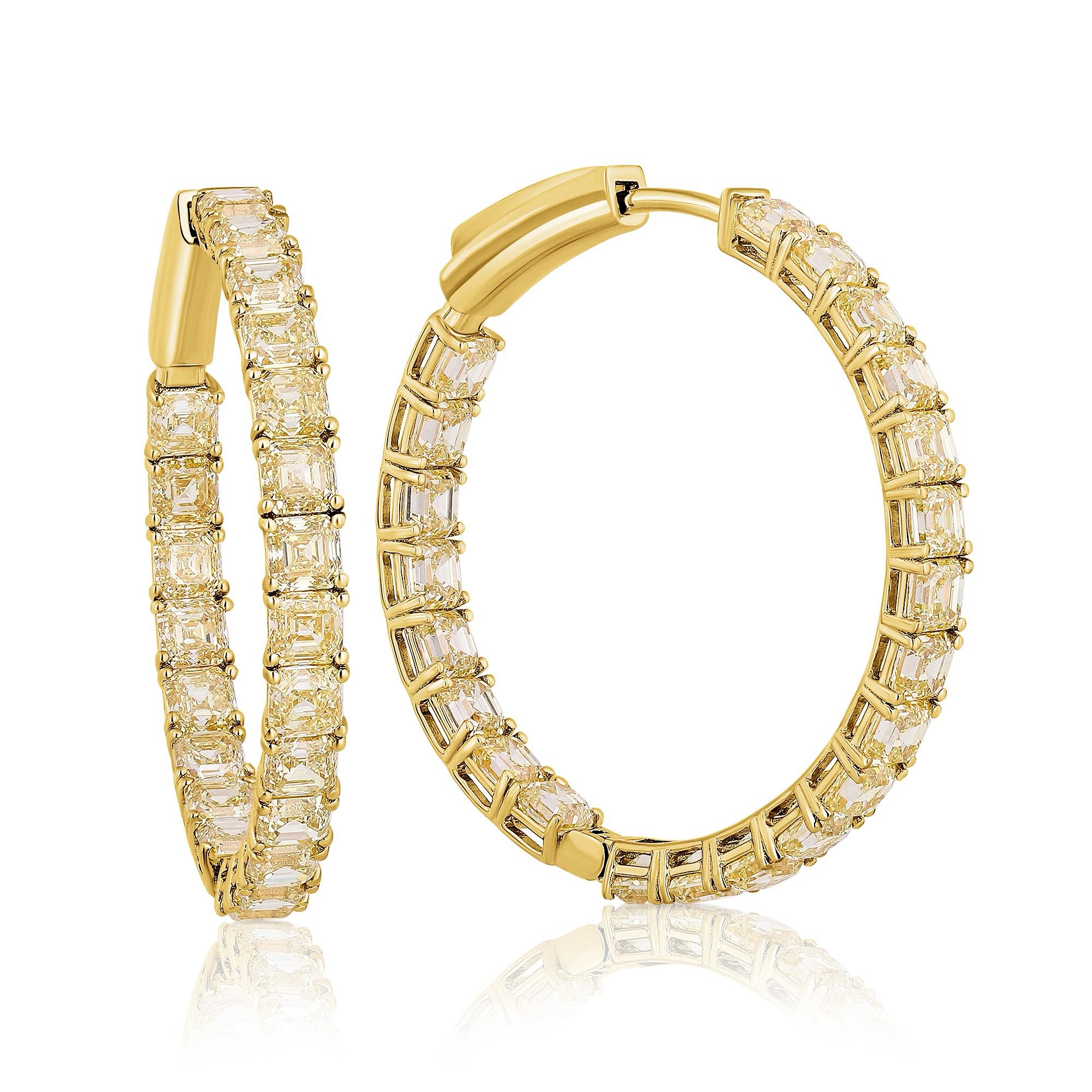14 Carat Fancy Light Yellow Diamond Asscher Cut Hoops Earrings Set in 18K Gold (Boucles d'oreilles en or 18K) Neuf - En vente à New York, NY