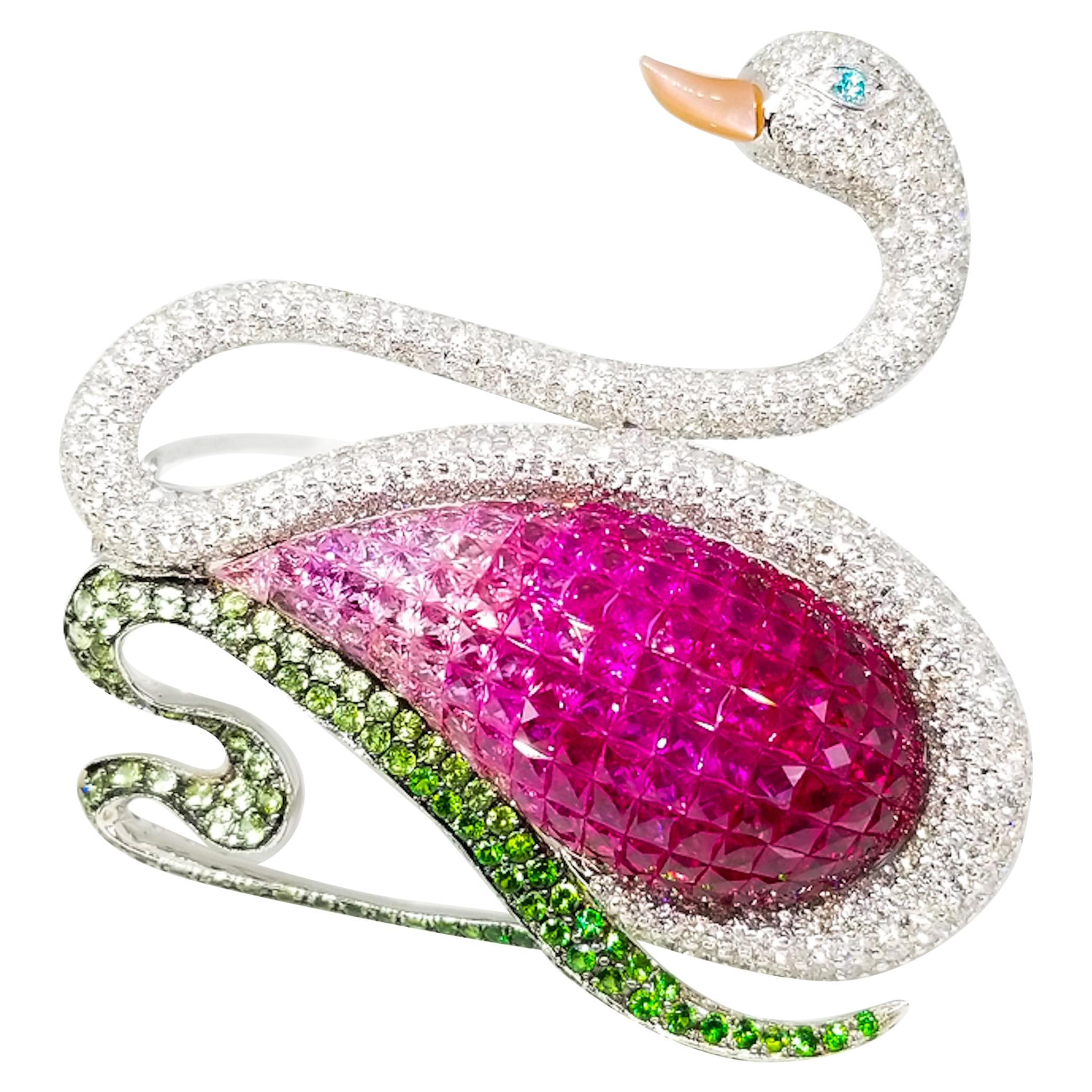 14+ Carat Gem Encrusted Swan Brooch Diamond Ruby Sapphire Tsavorite Paraiba 18K