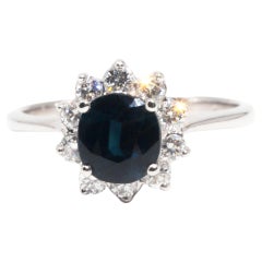 14 Carat Gold 1.68 Carat Natural Blue Sapphire and Diamond Halo Cluster Ring