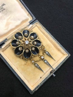 14 Carat Gold 1870s Victorian Mourning Brooch 1.44 Carat Diamond and Enamel