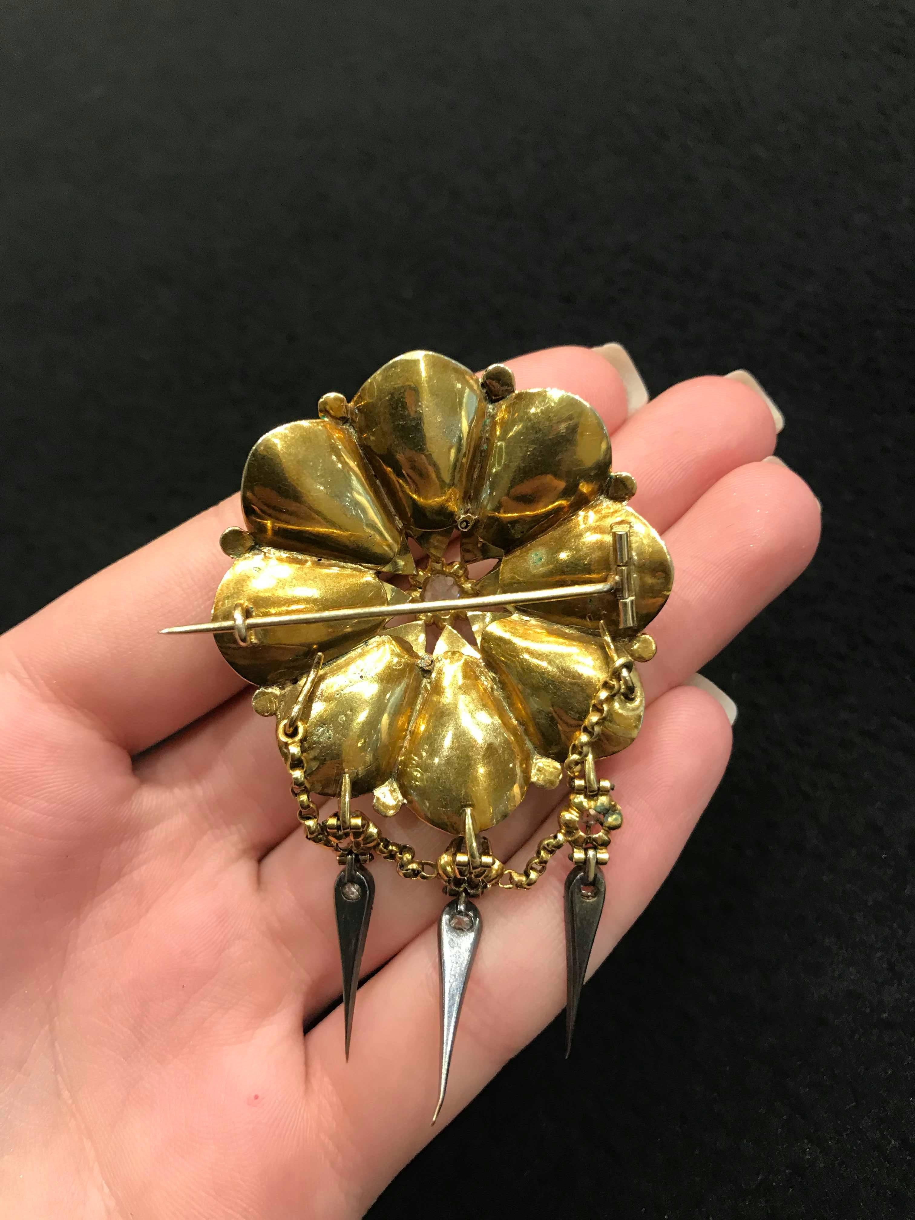 Women's or Men's 14 Carat Gold 1870s Victorian Mourning Brooch 1.44 Carat Diamond and Enamel For Sale