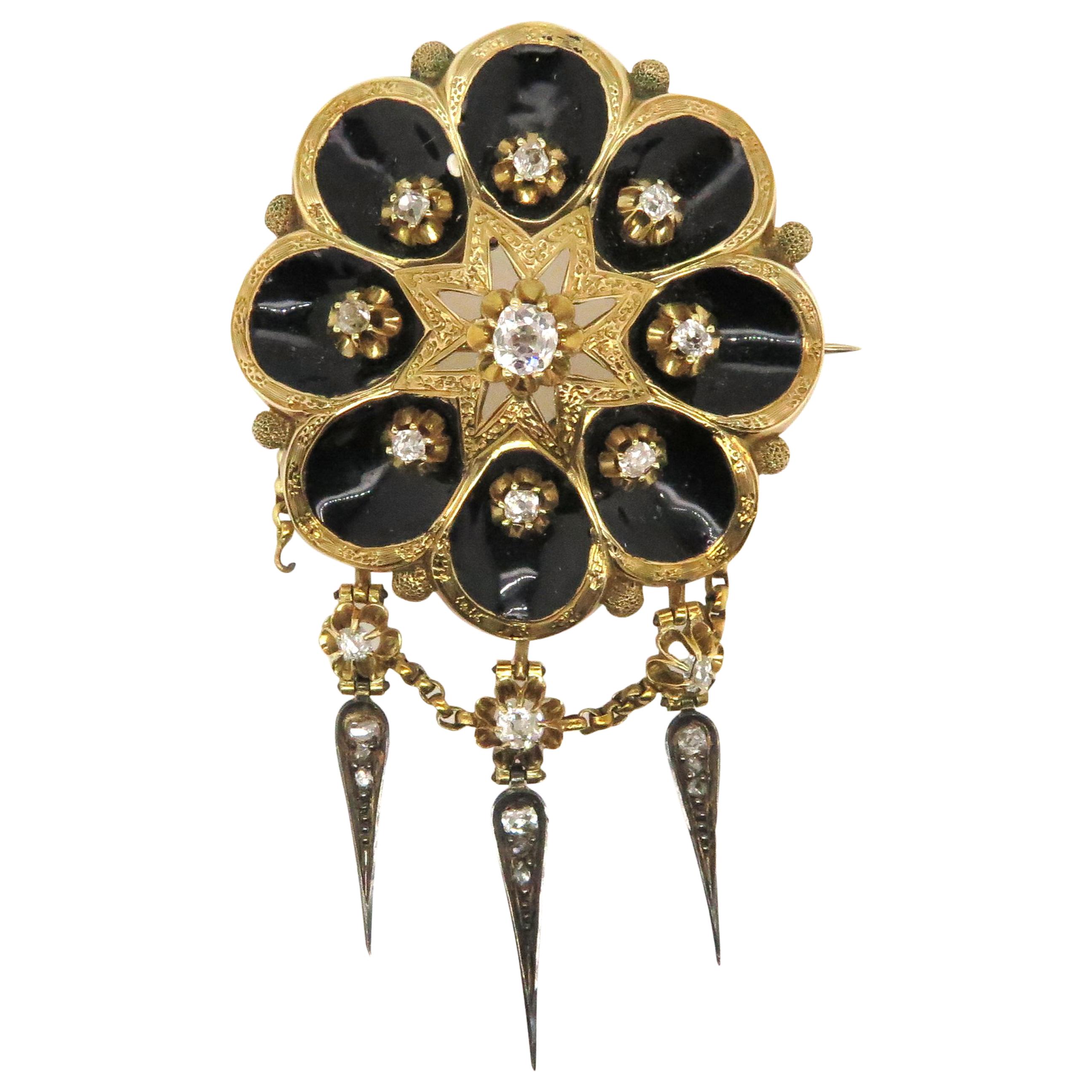 14 Carat Gold 1870s Victorian Mourning Brooch 1.44 Carat Diamond and Enamel For Sale