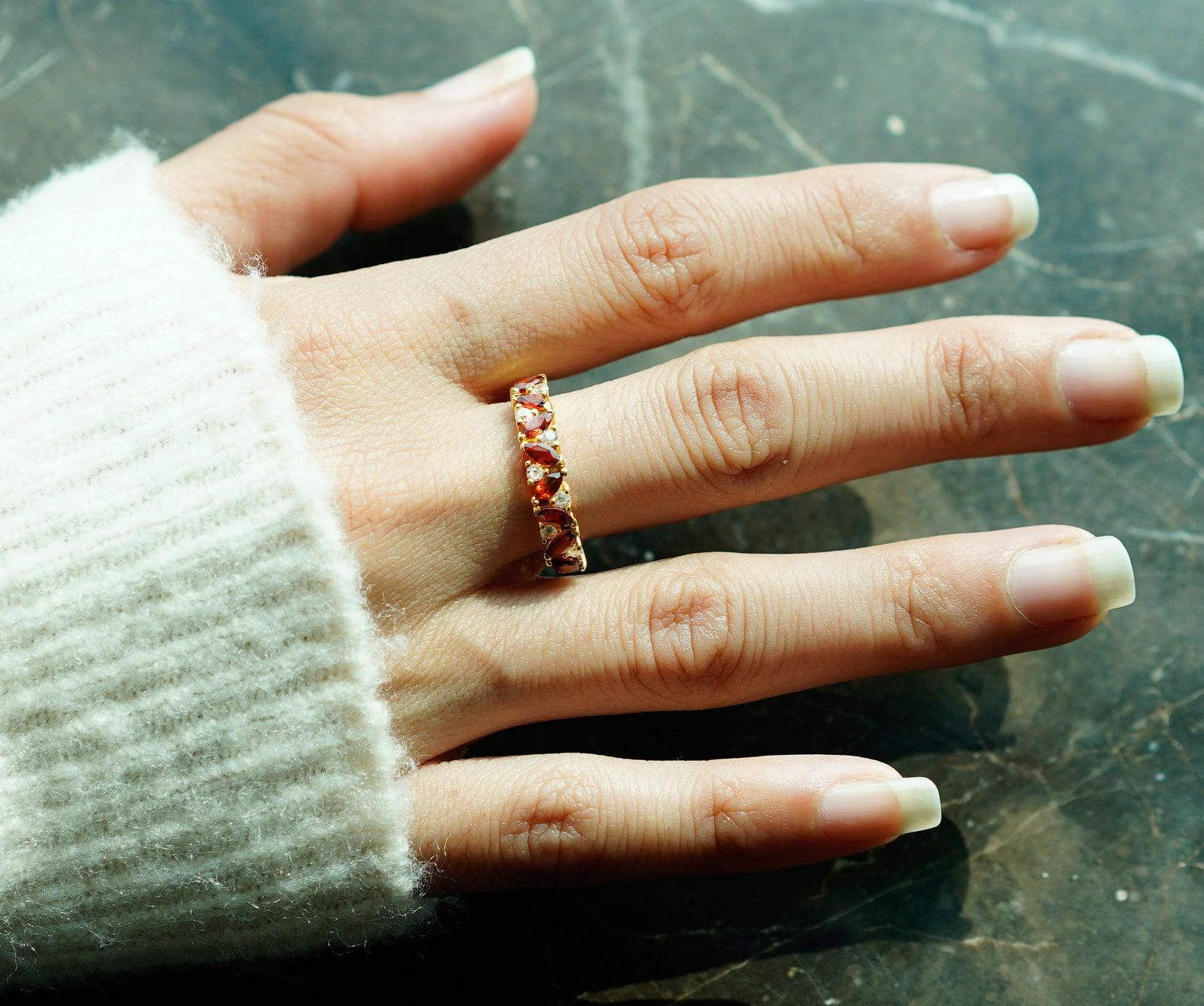 Marquise Cut 14 Carat Gold and Diamond Garnet Cluster Engagement Ring, Garnet Gemstones Ring For Sale