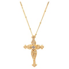14 Carat Gold Diamond Vintage Cross Pendant and Fine 9 Carat Gold Chain