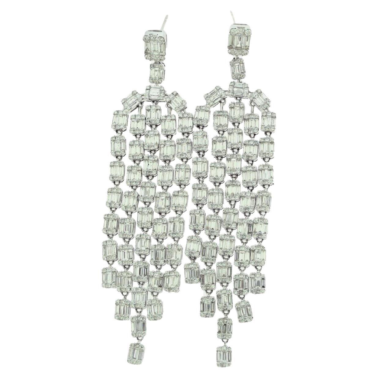 14 Carat Long Square, Round & Baguette Diamond Chandelier Earrings in White Gold