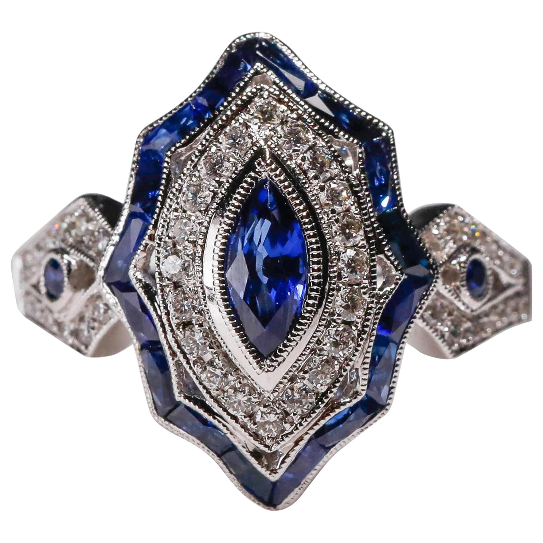 1.4 Carat Marquise Cut Blue Sapphire Diamond Engagement Ring 18 Karat White Gold