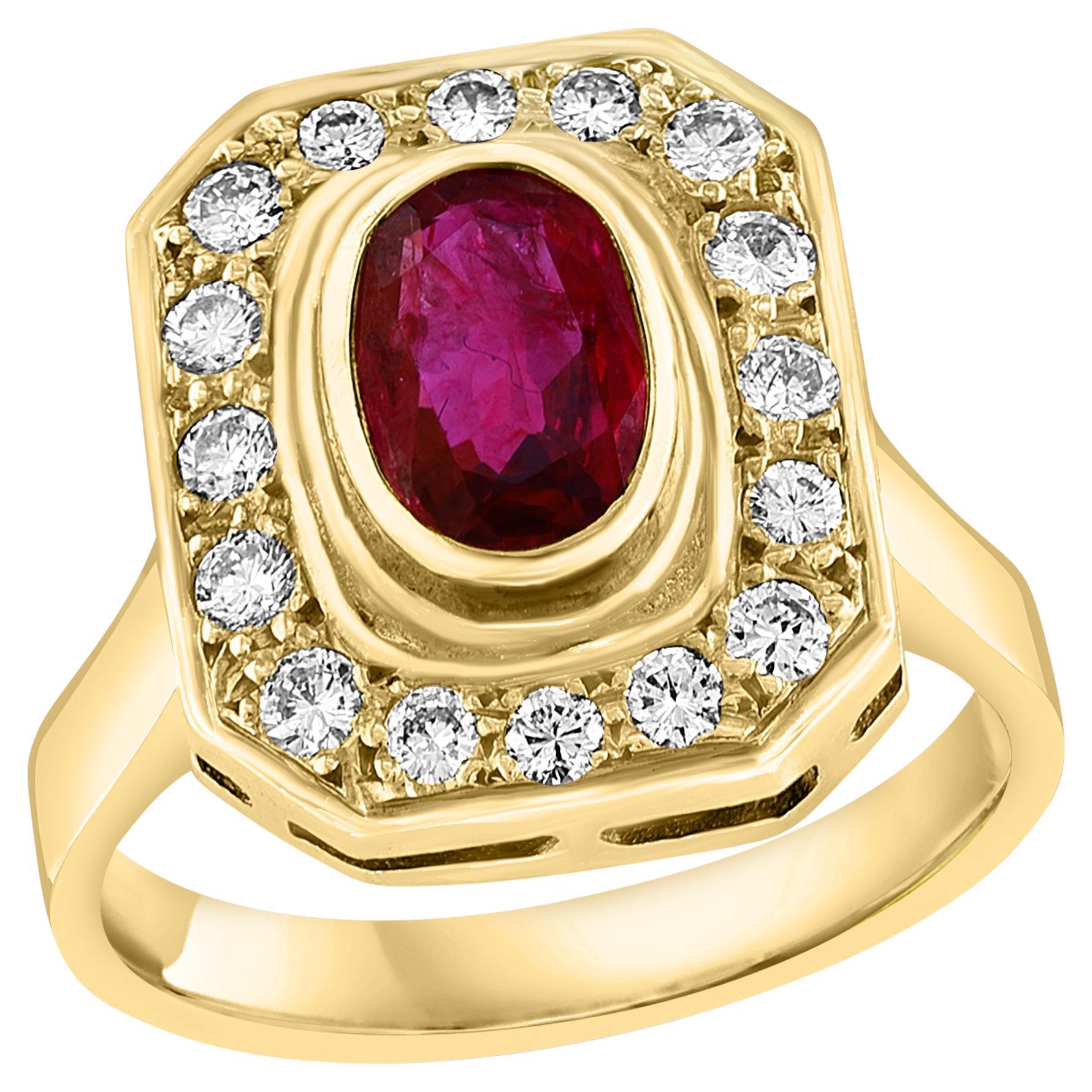 1.4 Carat Natural Oval  Ruby and 0.80 Carat Diamond 18 Karat Gold Ring For Sale