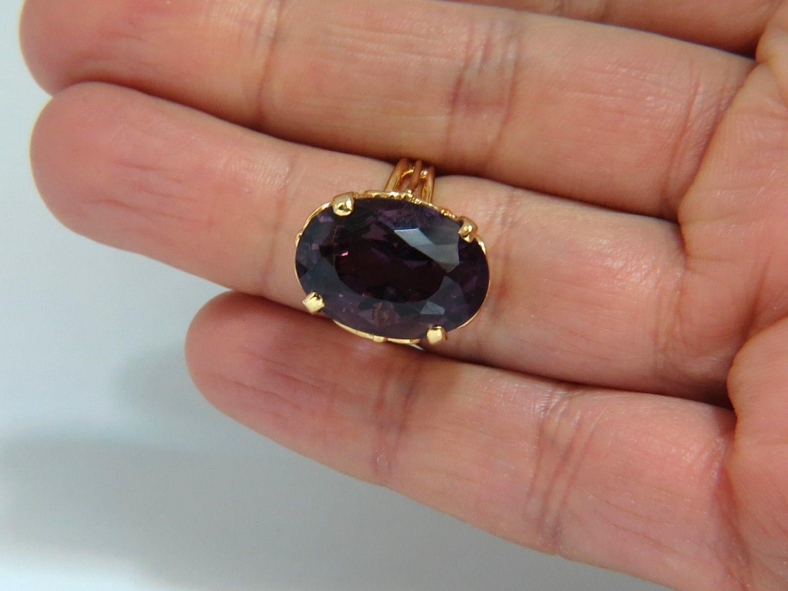 Amethyst Ring

14.00ct. Brilliant Natural Amethyst 
Oval cut/ Brilliant cut

Clean VS Clarity

Beautiful purple sparkles throughout

Transparency A+

19 x 13mm



Depth of ring:  11mm

Current size: 6.5

(we may resize) 

14Kt yellow gold 

8 grams