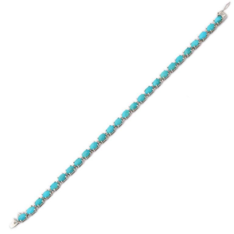 14 Carat Natural Turquoise Oval Cut Tennis Bracelet in sterling silver showcases endlessly sparkling natural turquoise, weighing 14 carat. It measures 7 inches long in length. 
Turquoise stimulate concentration and reduces stress. 
Designed with