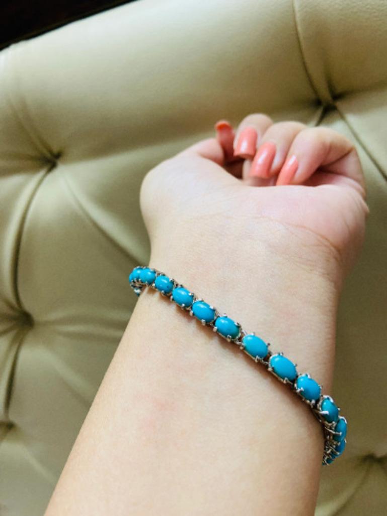 Modern 14 Carat Natural Turquoise Oval Tennis Bracelet 925 Silver for Women Bracelet For Sale