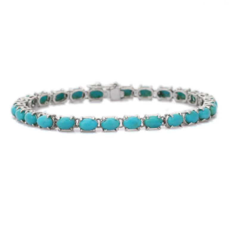 Oval Cut 14 Carat Natural Turquoise Oval Tennis Bracelet 925 Silver for Women Bracelet For Sale