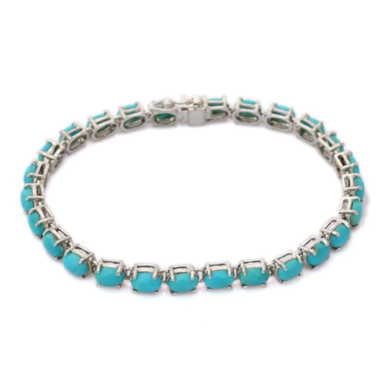Women's 14 Carat Natural Turquoise Oval Cut Tennis Bracelet 925 Sterling Silver Bracelet For Sale