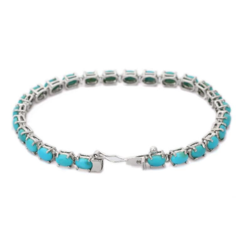 Women's 14 Carat Natural Turquoise Oval Tennis Bracelet 925 Silver for Women Bracelet For Sale