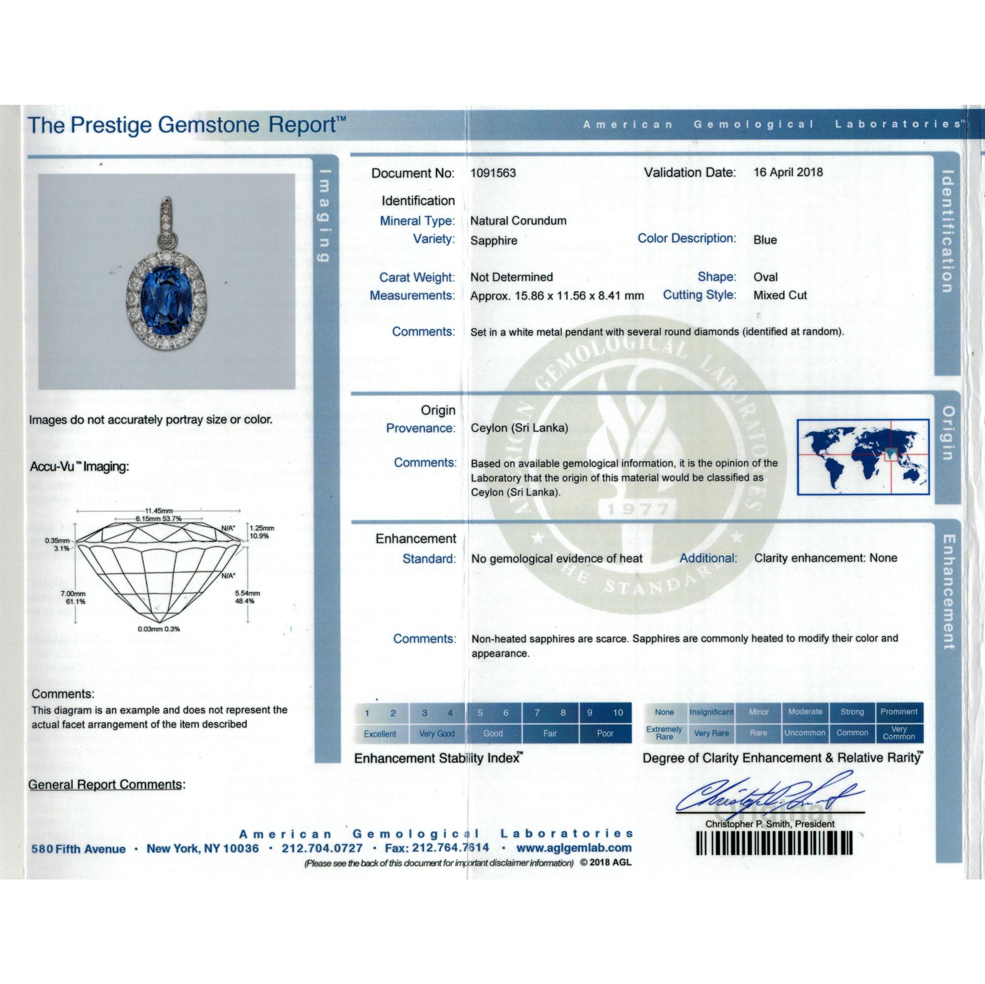 14 Carat Oval Ceylon No Heat Blue Sapphire Diamond Pendant Necklace AGL In Excellent Condition In Boca Raton, FL