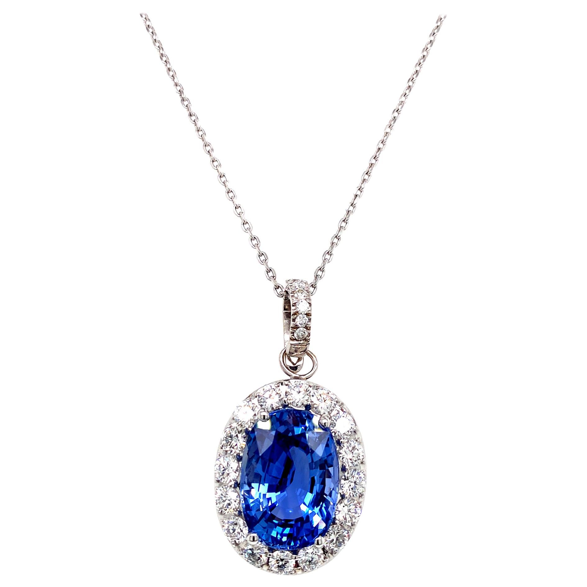 14 Carat Oval Ceylon No Heat Blue Sapphire Diamond Pendant Necklace AGL