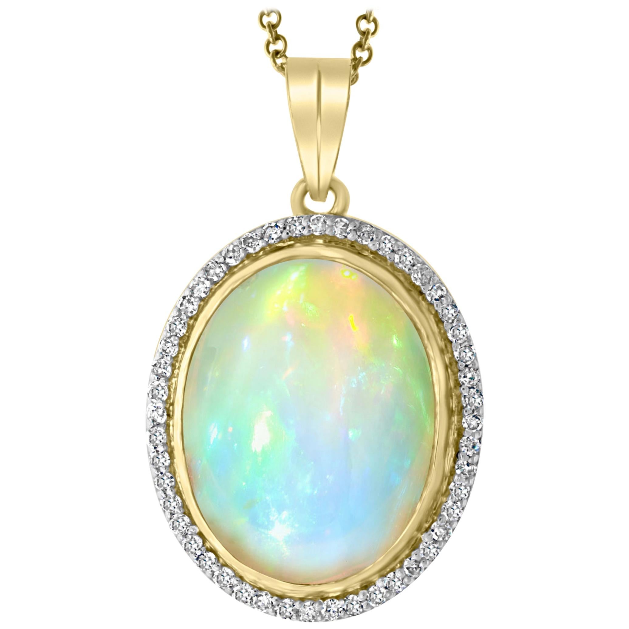 14 Carat Oval Ethiopian Opal and Diamond Pendant / Necklace 18 K Gold Necklace