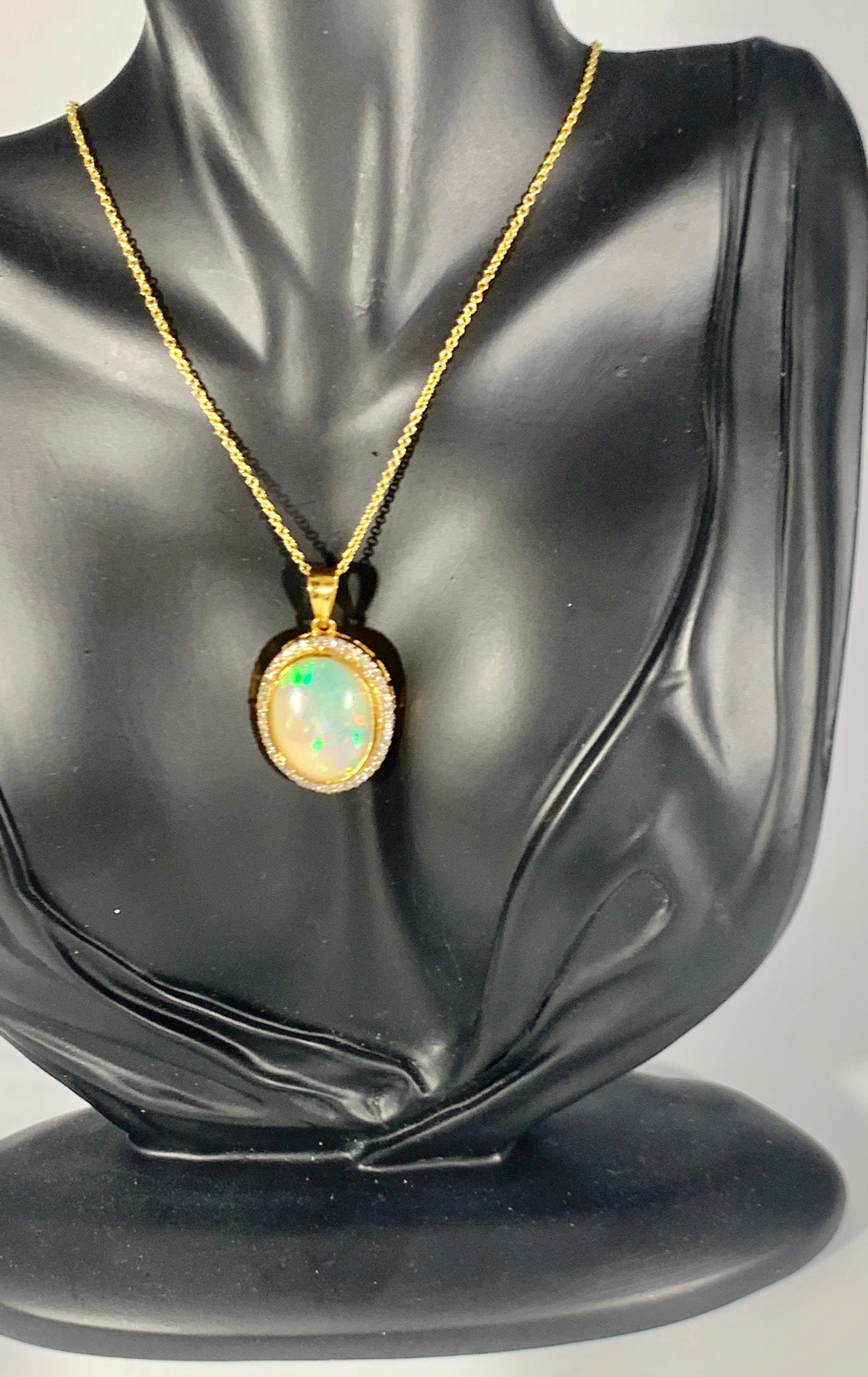 14 Carat Oval Ethiopian Opal and Diamond Pendant / Necklace 18 K Gold Necklace 5