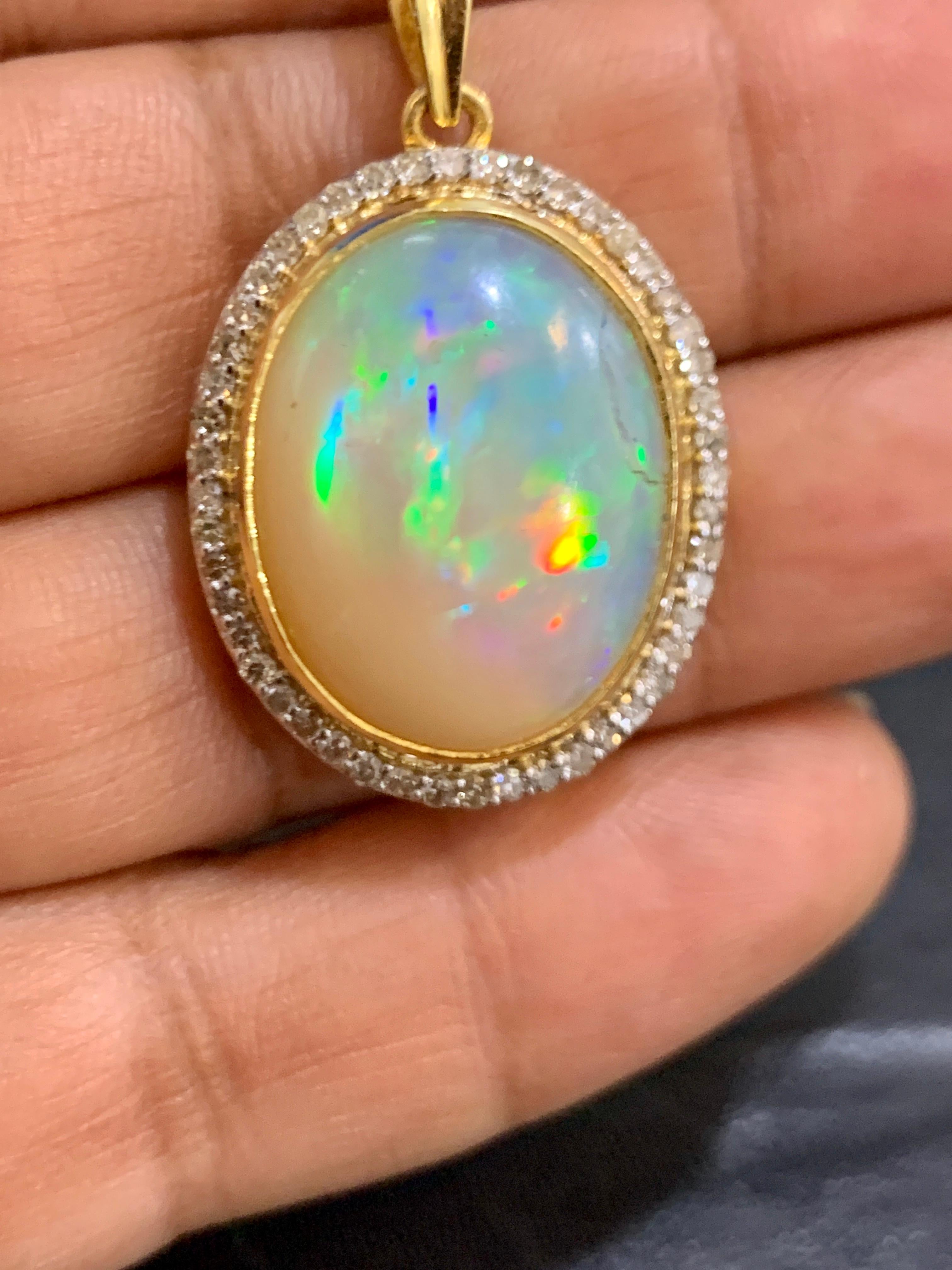 14 Carat Oval Ethiopian Opal and Diamond Pendant / Necklace 18 K Gold Necklace 6