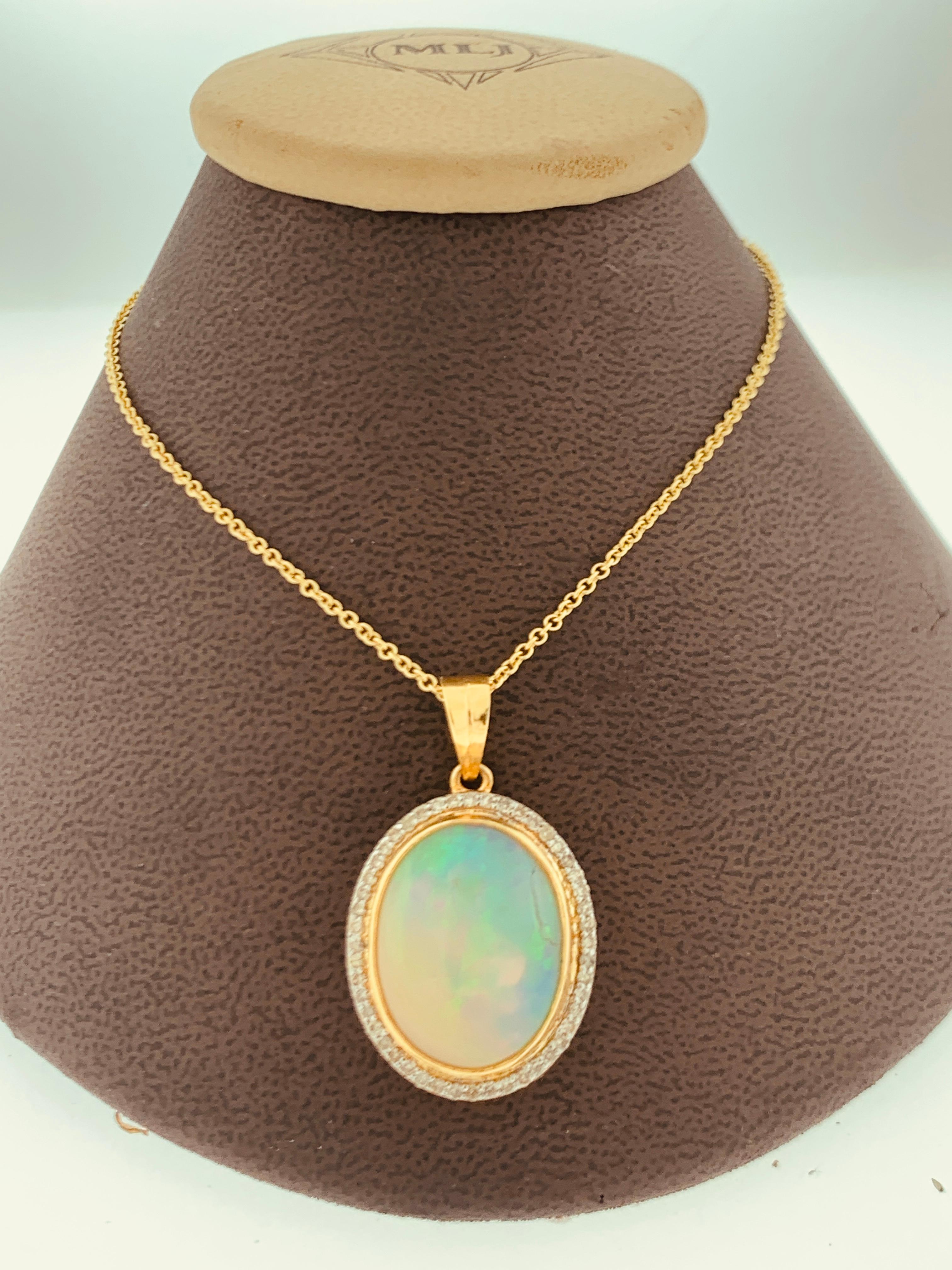 14 Carat Oval Ethiopian Opal and Diamond Pendant / Necklace 18 K Gold Necklace 7