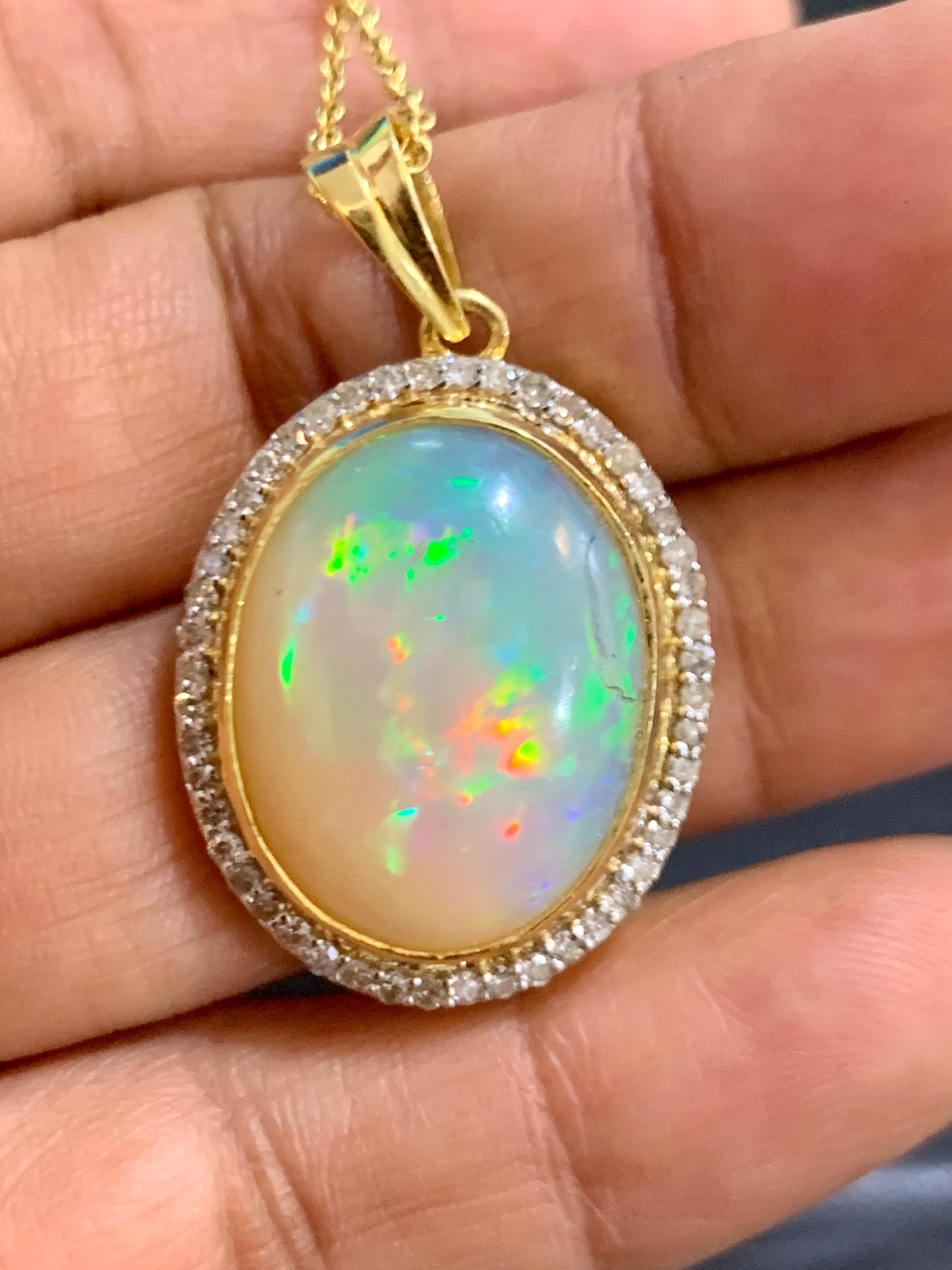 14 Carat Oval Ethiopian Opal and Diamond Pendant / Necklace 18 K Gold Necklace 8