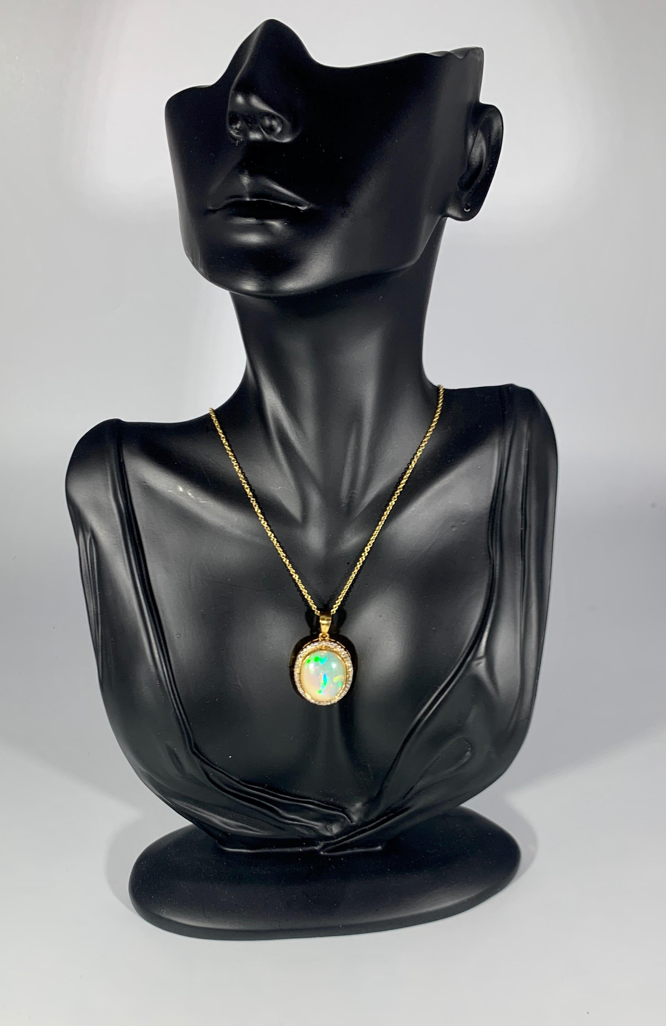 14 Carat Oval Ethiopian Opal and Diamond Pendant / Necklace 18 K Gold Necklace 9