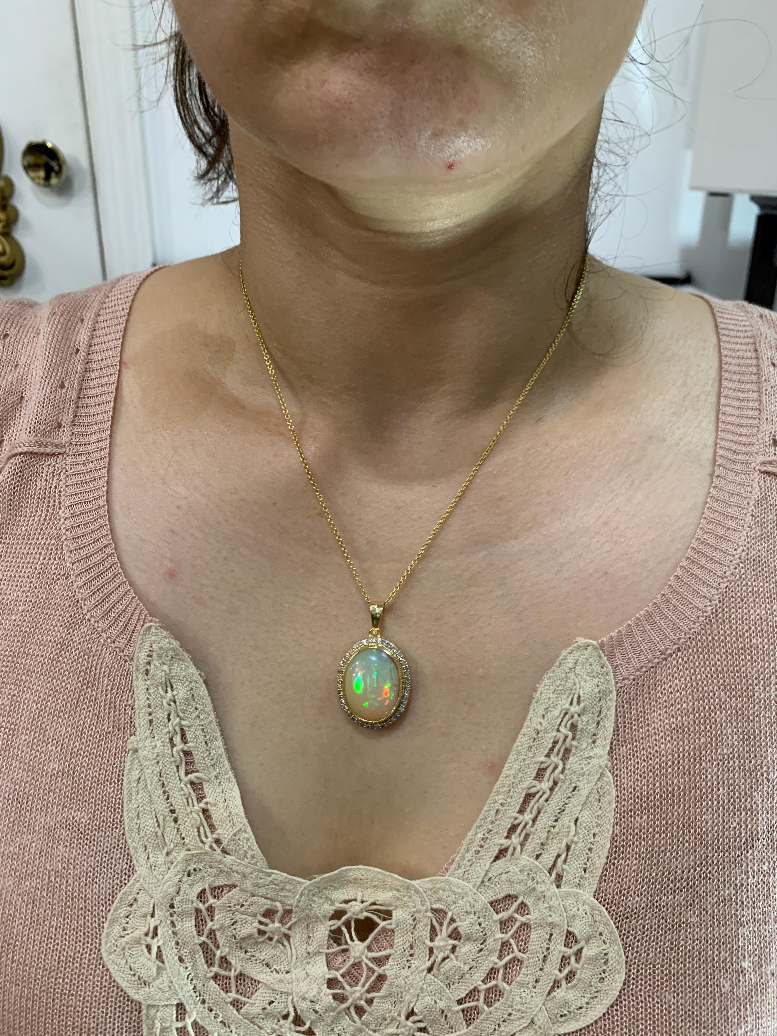 14 Carat Oval Ethiopian Opal and Diamond Pendant / Necklace 18 K Gold Necklace 10