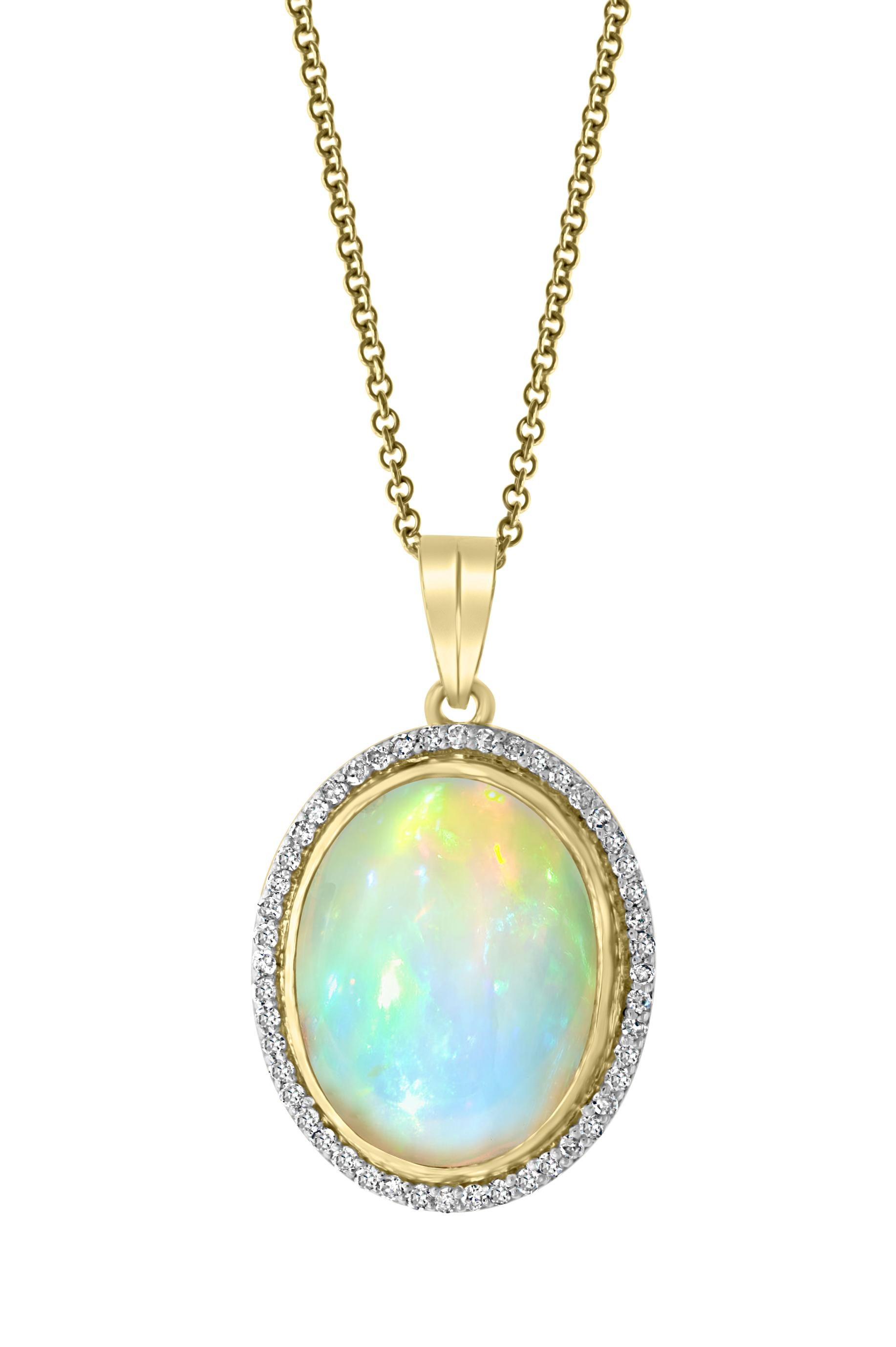 14 Carat Oval Ethiopian  Opal &  Diamond Pendant /  Necklace 18 Kt Gold Necklace
This spectacular Pendant Necklace consisting of a single Oval Shape Ethiopian Opal Approximately 14 Carat. The Opal is surrounded by approximately 1.0 Carats of