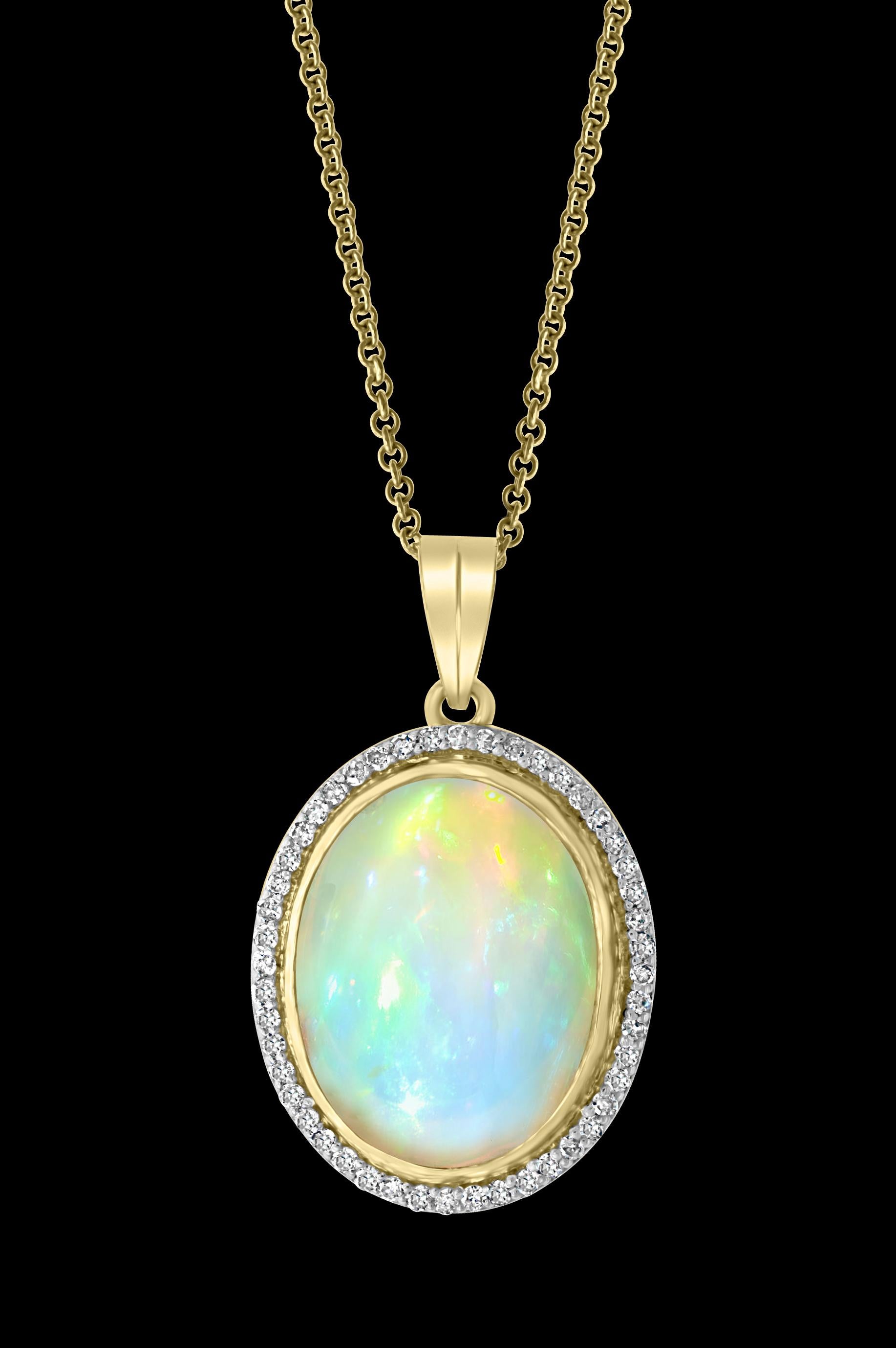 14 Carat Oval Ethiopian Opal and Diamond Pendant / Necklace 18 K Gold Necklace In Excellent Condition In New York, NY