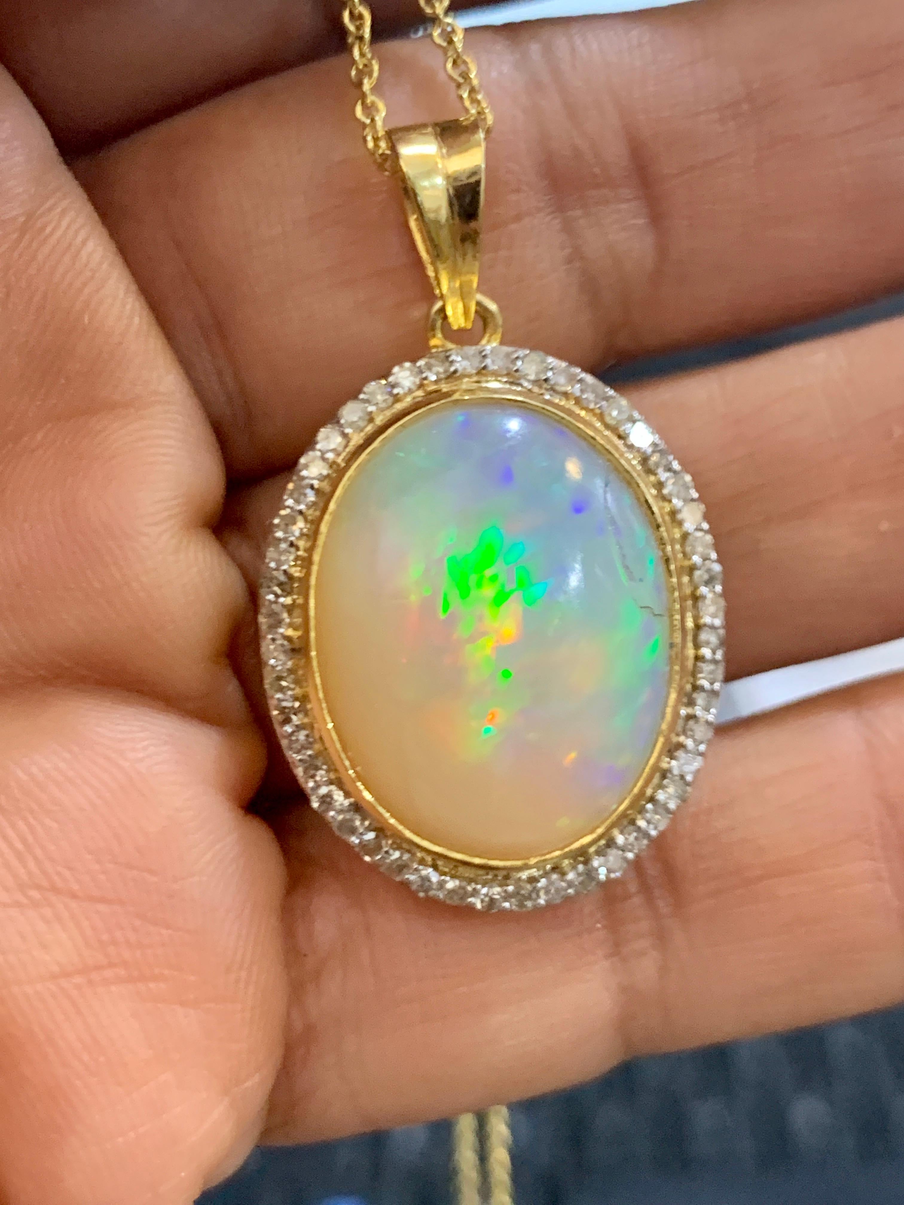 14 Carat Oval Ethiopian Opal and Diamond Pendant / Necklace 18 K Gold Necklace 1