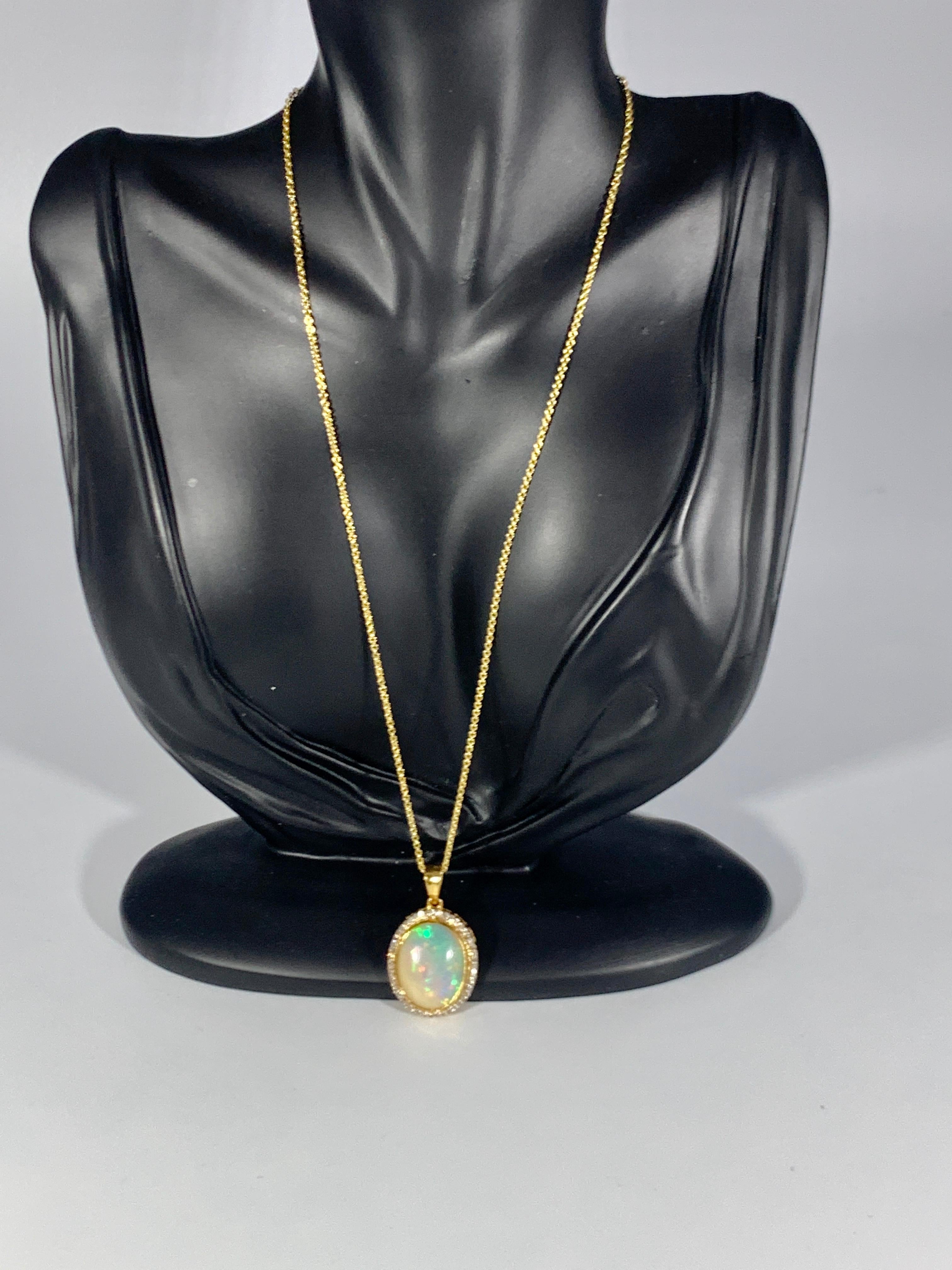 14 Carat Oval Ethiopian Opal and Diamond Pendant / Necklace 18 K Gold Necklace 2