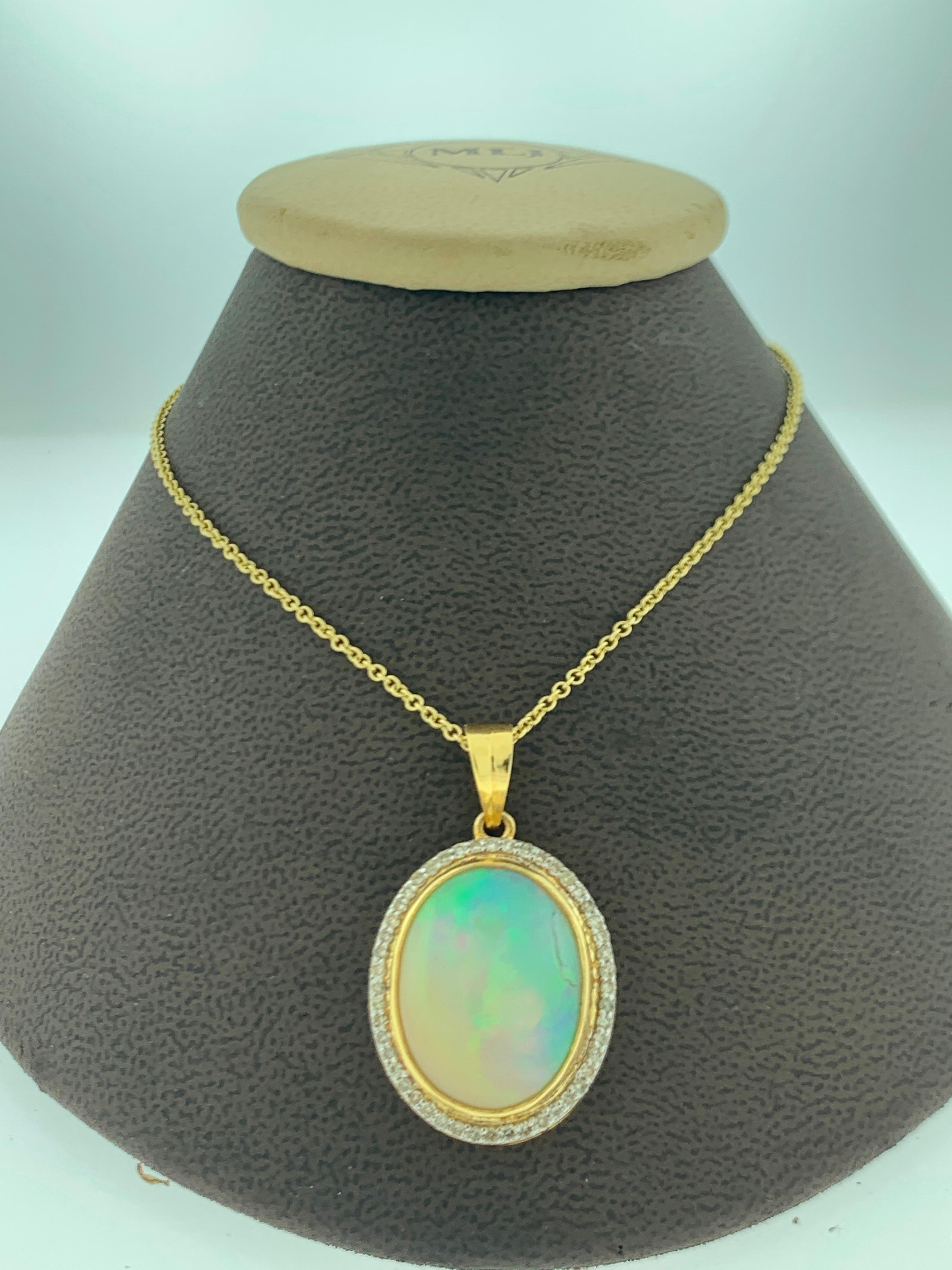 14 Carat Oval Ethiopian Opal and Diamond Pendant / Necklace 18 K Gold Necklace 3