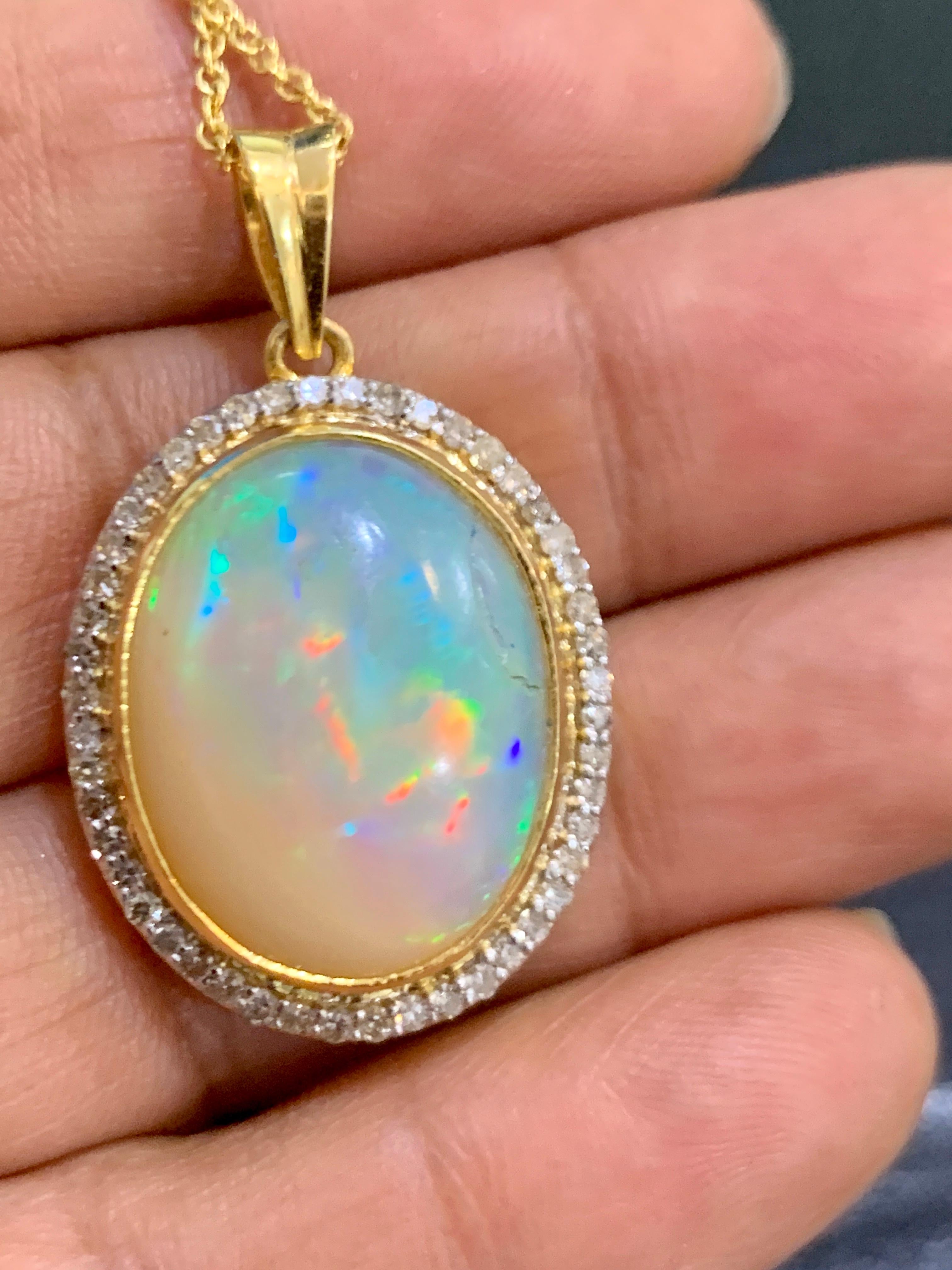 14 Carat Oval Ethiopian Opal and Diamond Pendant / Necklace 18 K Gold Necklace 4