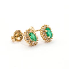 14 Carat Oval Green Natural Emerald and Diamond Vintage Cluster Stud Earrings