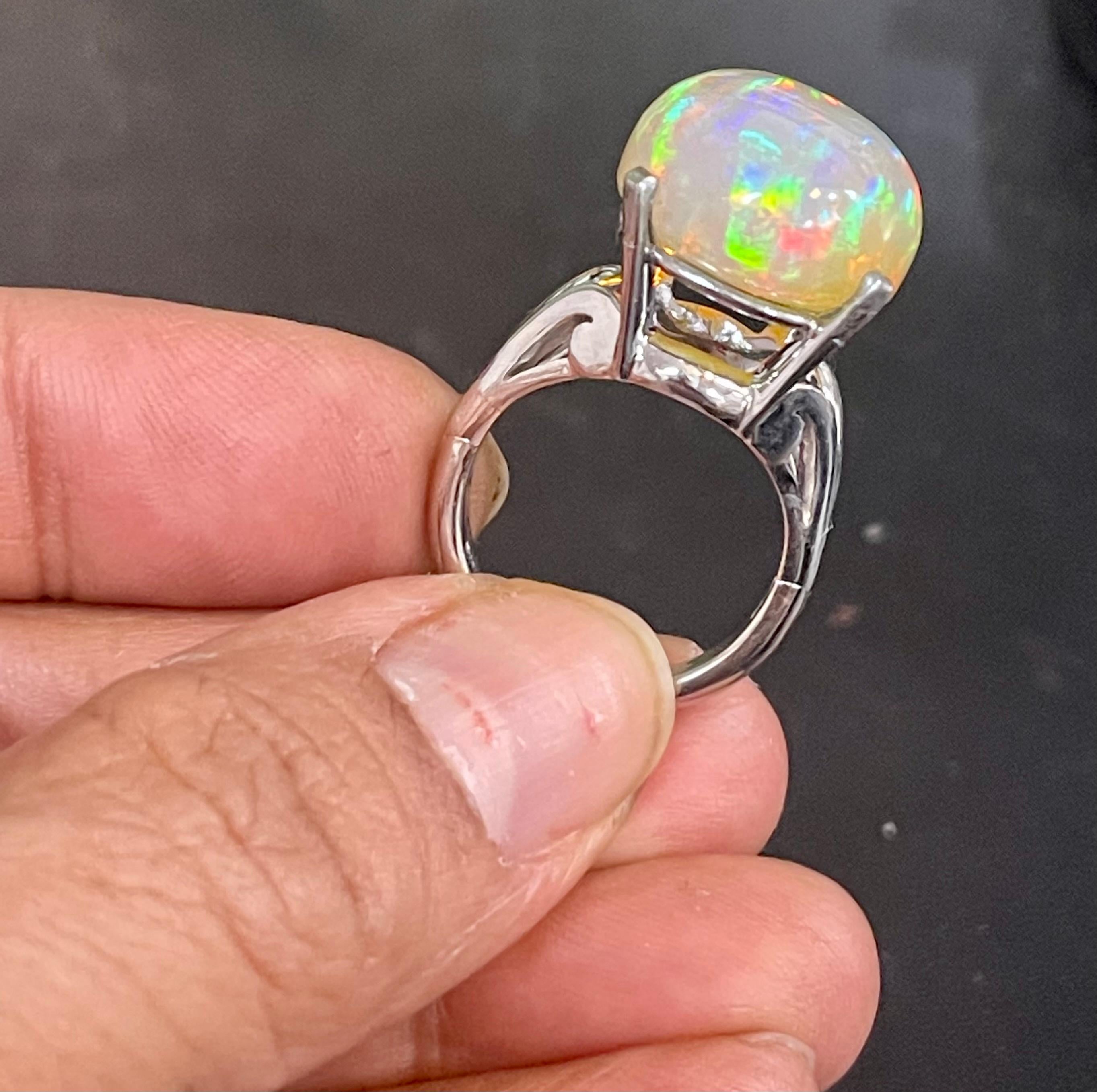 14 Carat Oval Shape Ethiopian Opal Cocktail Ring in Platinum For Sale 2