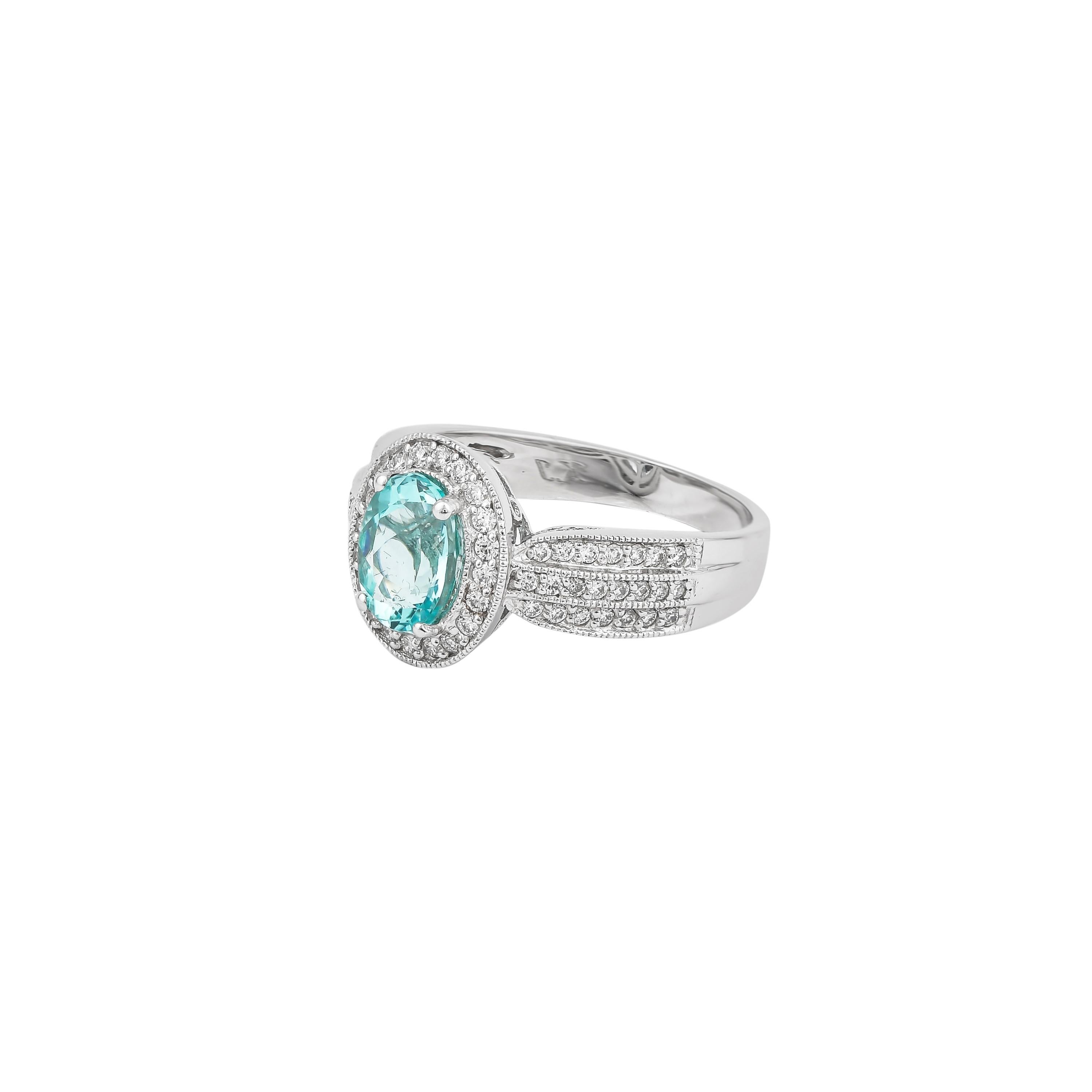 Contemporary 1.4 Carat Paraiba and White Diamond Ring in 18 Karat White Gold For Sale