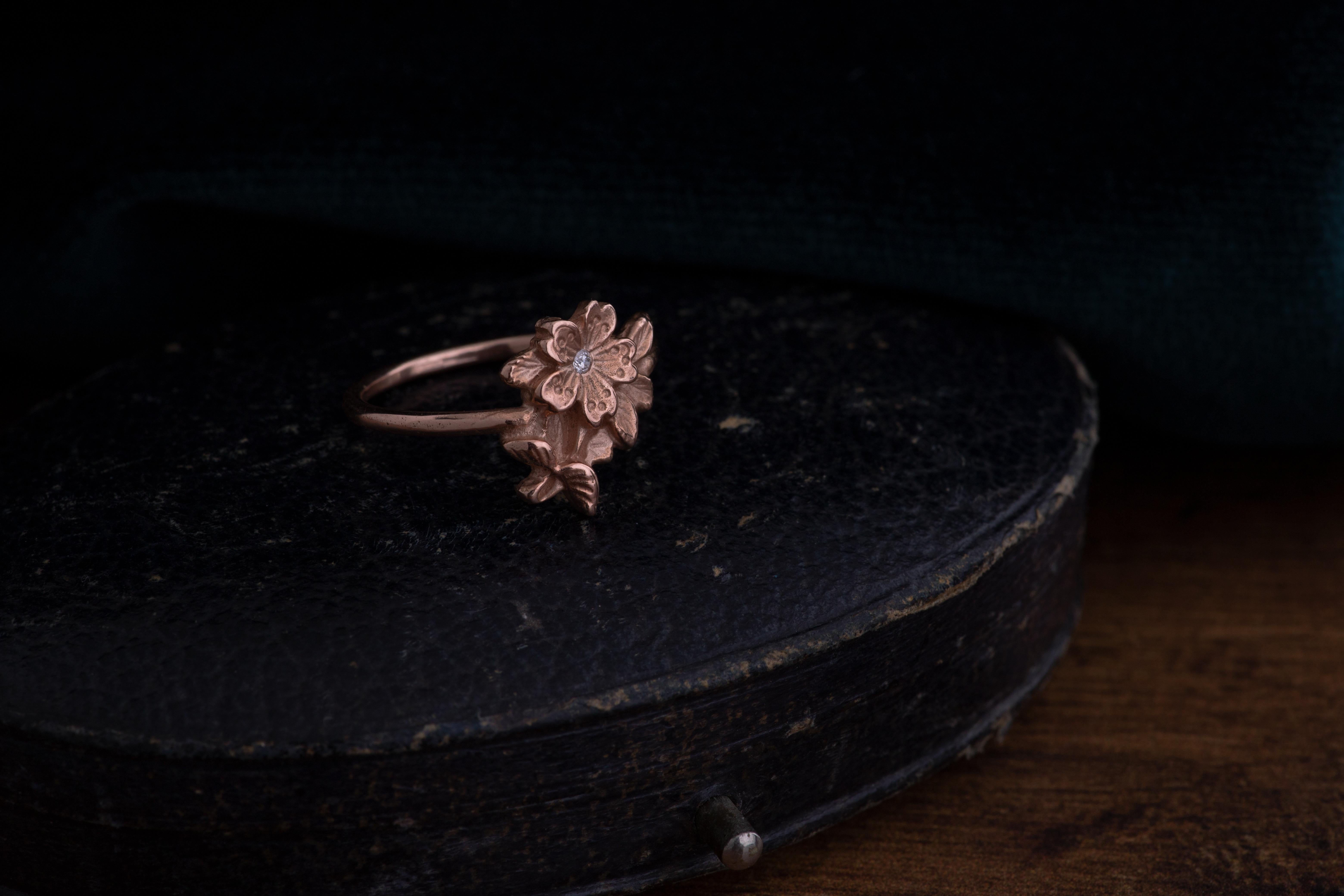 For Sale:  14 Carat Peach Gold Sakura Ring with an Ethically Sourced Diamond Detail 2