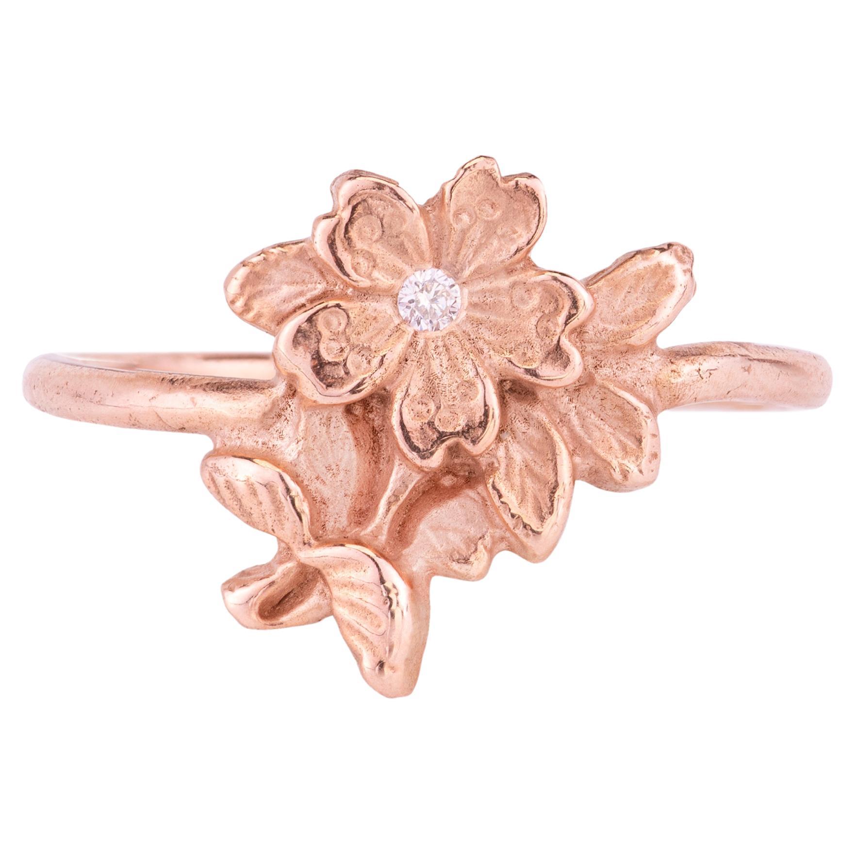 For Sale:  14 Carat Peach Gold Sakura Ring with an Ethically Sourced Diamond Detail