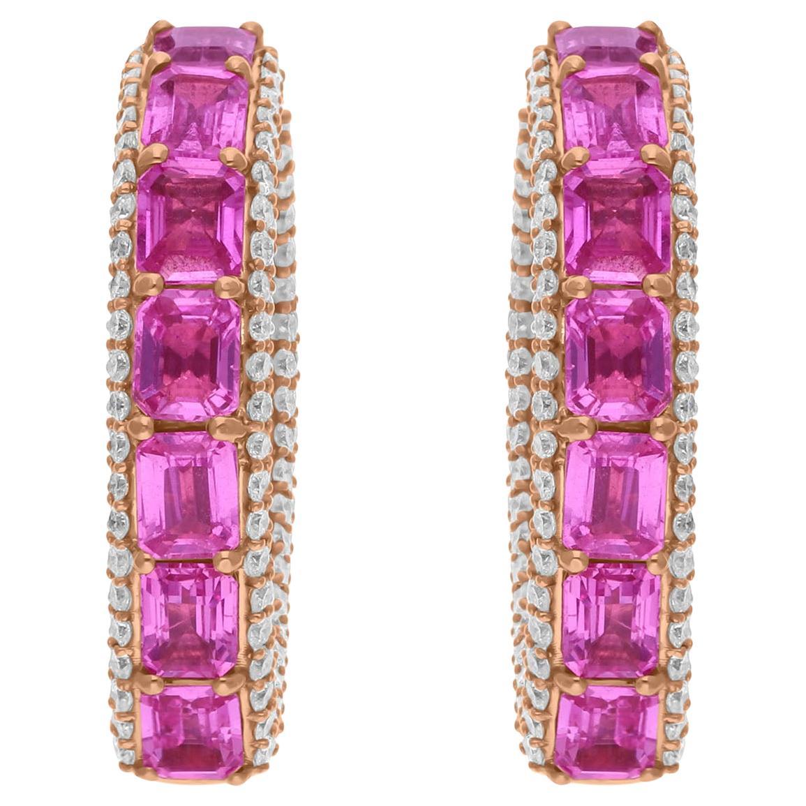 14 Carat Rose Gold 15.98Tcw Natural Pink Sapphire Diamond Huggies Hoop Earrings