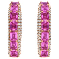 14 Carat Rose Gold 15.98Tcw Natural Pink Sapphire Diamond Huggies Hoop Earrings