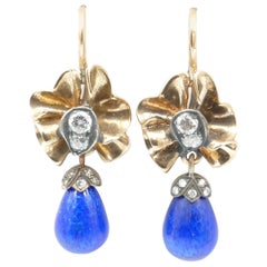 14 Carat Rose Gold and Silver Blue Briolette Enamel and Diamond Earrings
