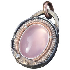 14 Carat Rose Quartz Cabochon Diamond 14 Karat Rose Gold Wire Wrapped Pendant
