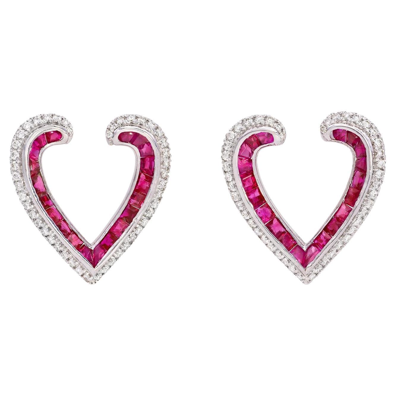 1.4 Carat Ruby and 0.71 Carat Diamond Heart Shaped Studs For Sale
