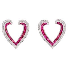 1.4 Carat Ruby and 0.71 Carat Diamond Heart Shaped Studs