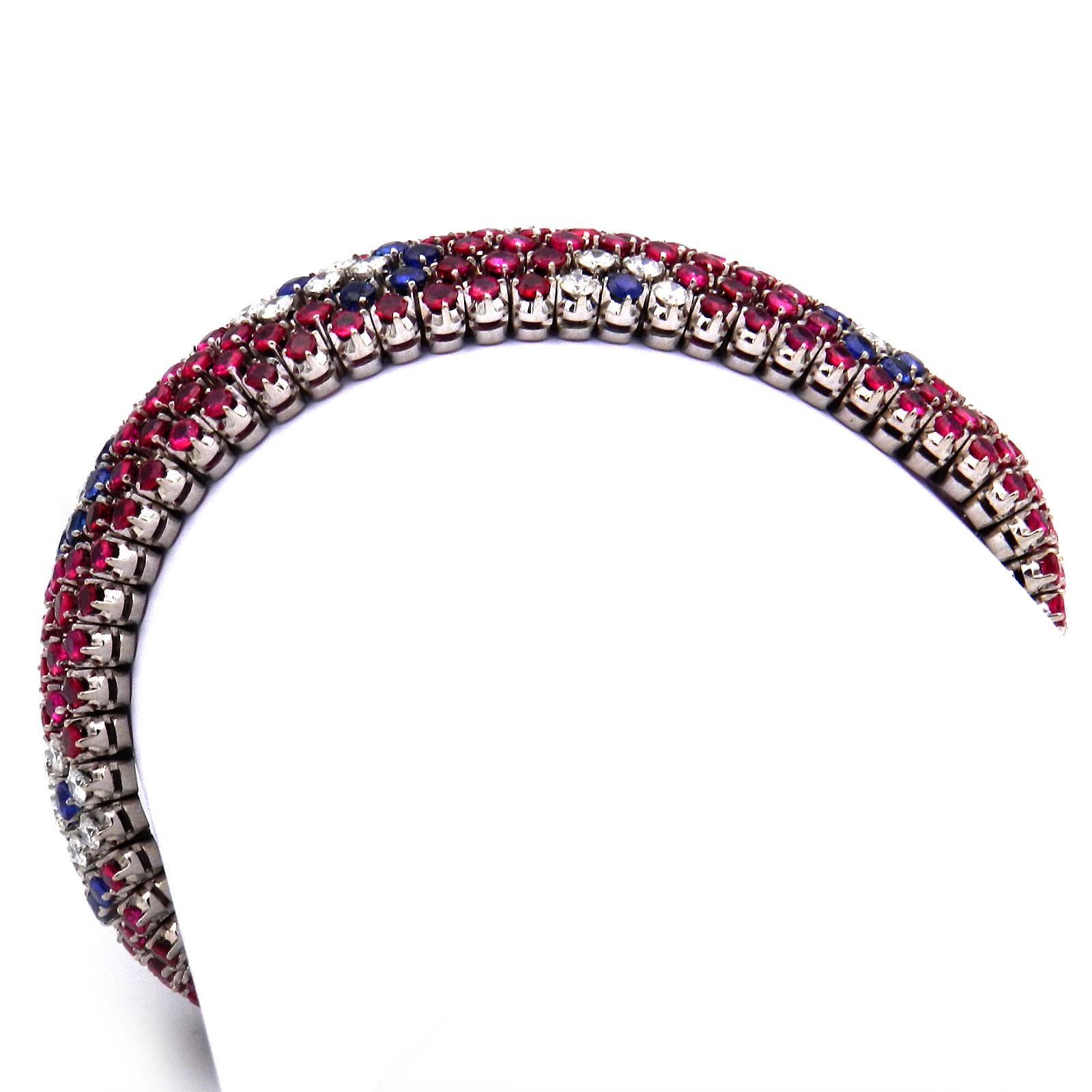 Round Cut 14 Carat Ruby Sapphire and Diamond Bracelet in 18K White Gold For Sale