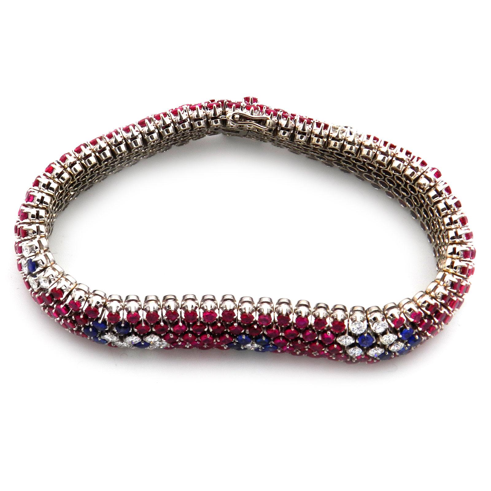 Women's 14 Carat Ruby Sapphire and Diamond Bracelet in 18K White Gold For Sale