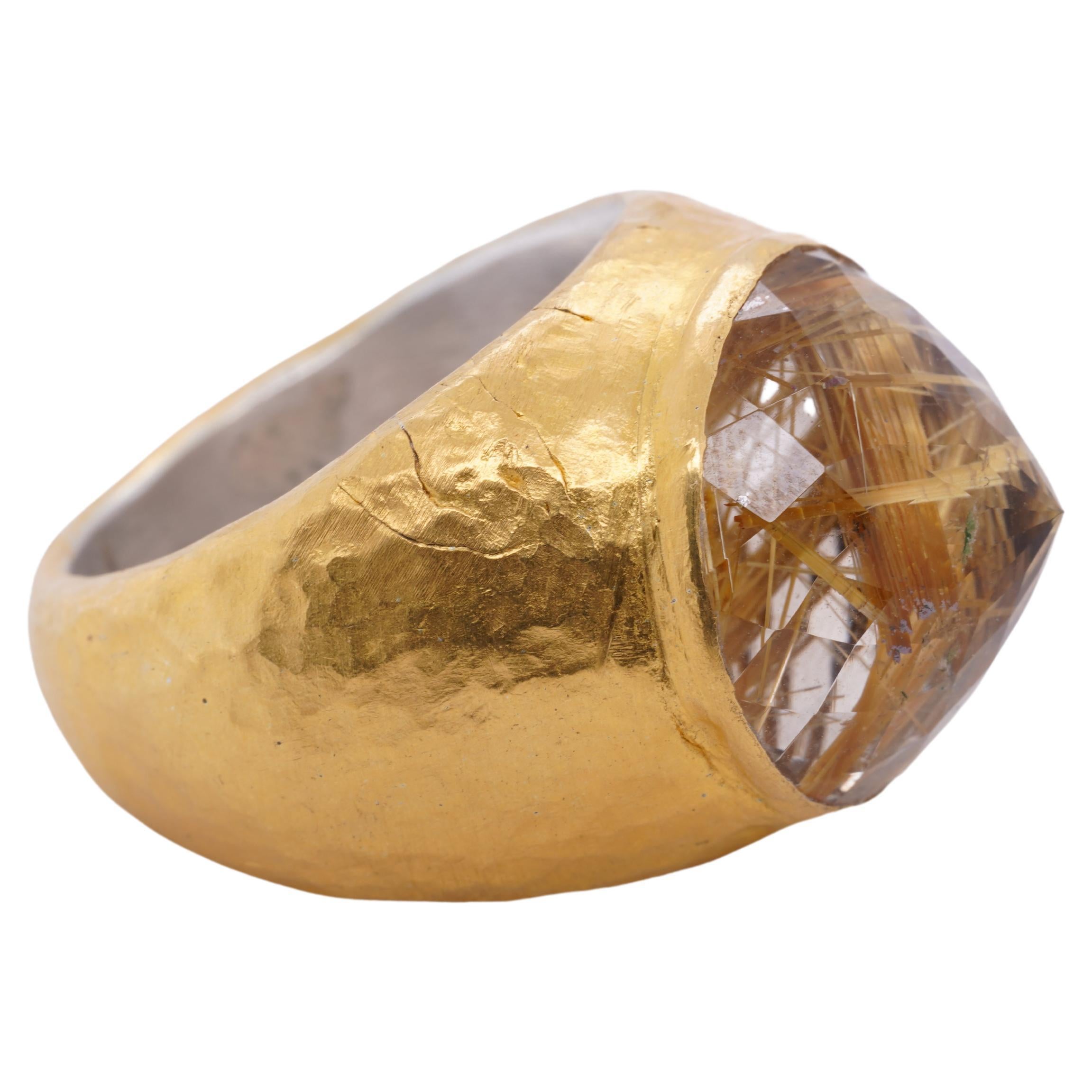 14 Carat Rutilated Quartz, Statement Cocktail Ring Faceted Pointed Golden Quartz For Sale