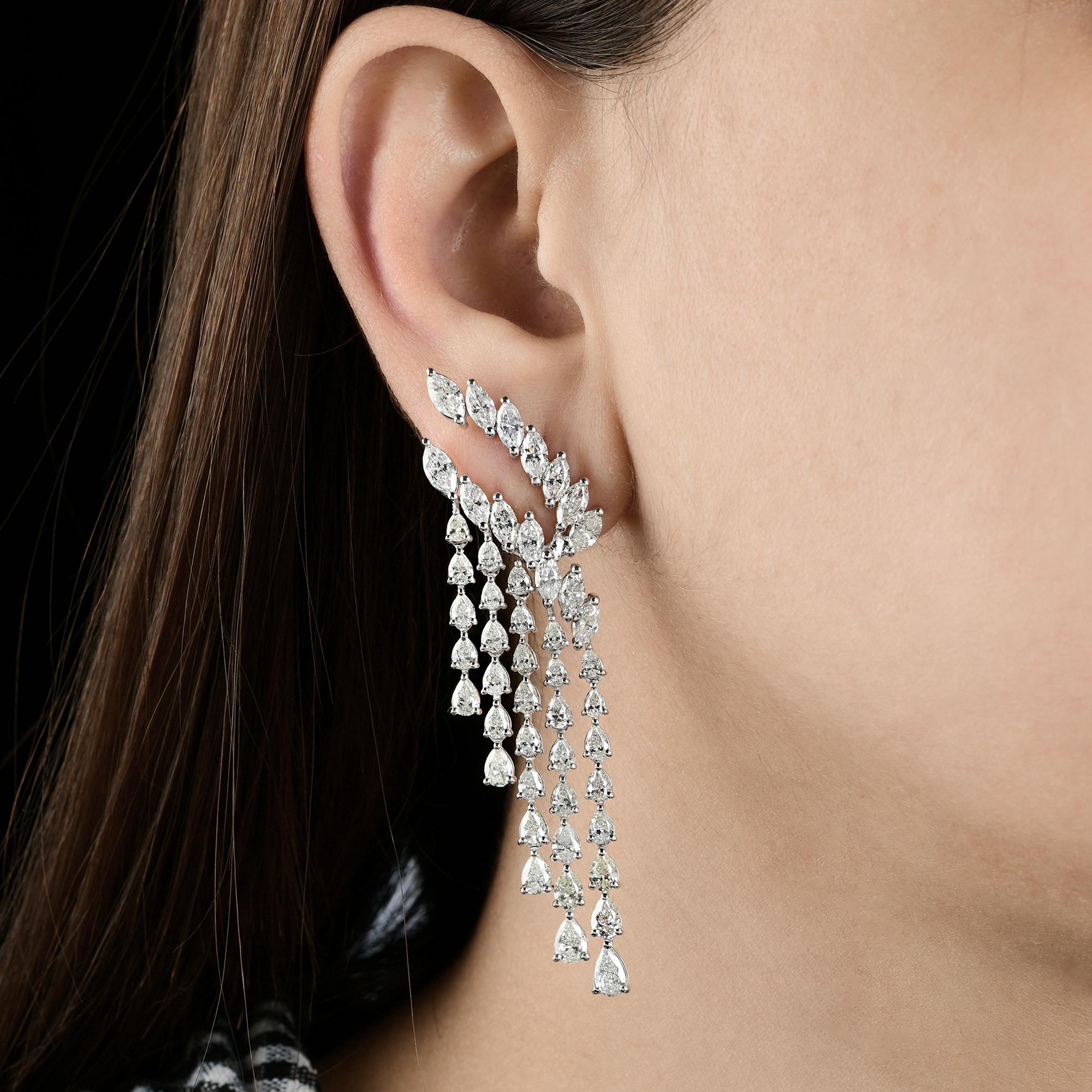 Diese 14 Karat SI Reinheit H Farbe Diamant 14 Karat Weißgold Kronleuchter Ohrringe verfügt über Marquise und Birne geschnitten Diamanten. Diamanten im Marquise-Schliff sind auf zwei Linien oben gefasst, während birnenförmige Diamanten in fünf Lagen