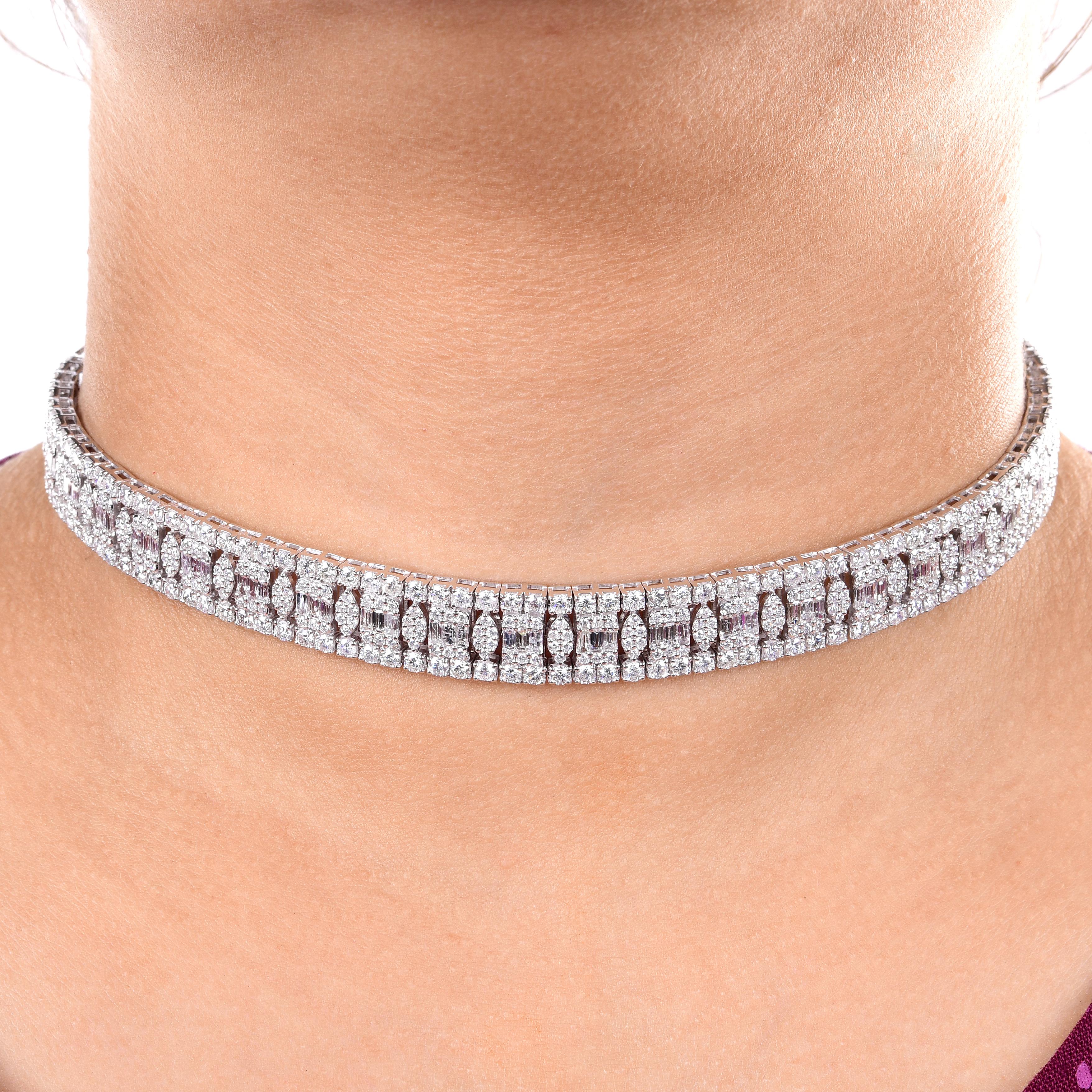 Baguette Cut 14 Carat SI/H Baguette Round Brilliant Cut Diamond Necklace 18 Karat White Gold For Sale