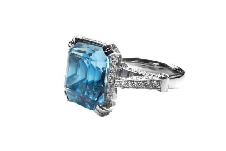 14 Carat Square Cut Aquamarine Platinum Micro Pave Diamond Ring For ...