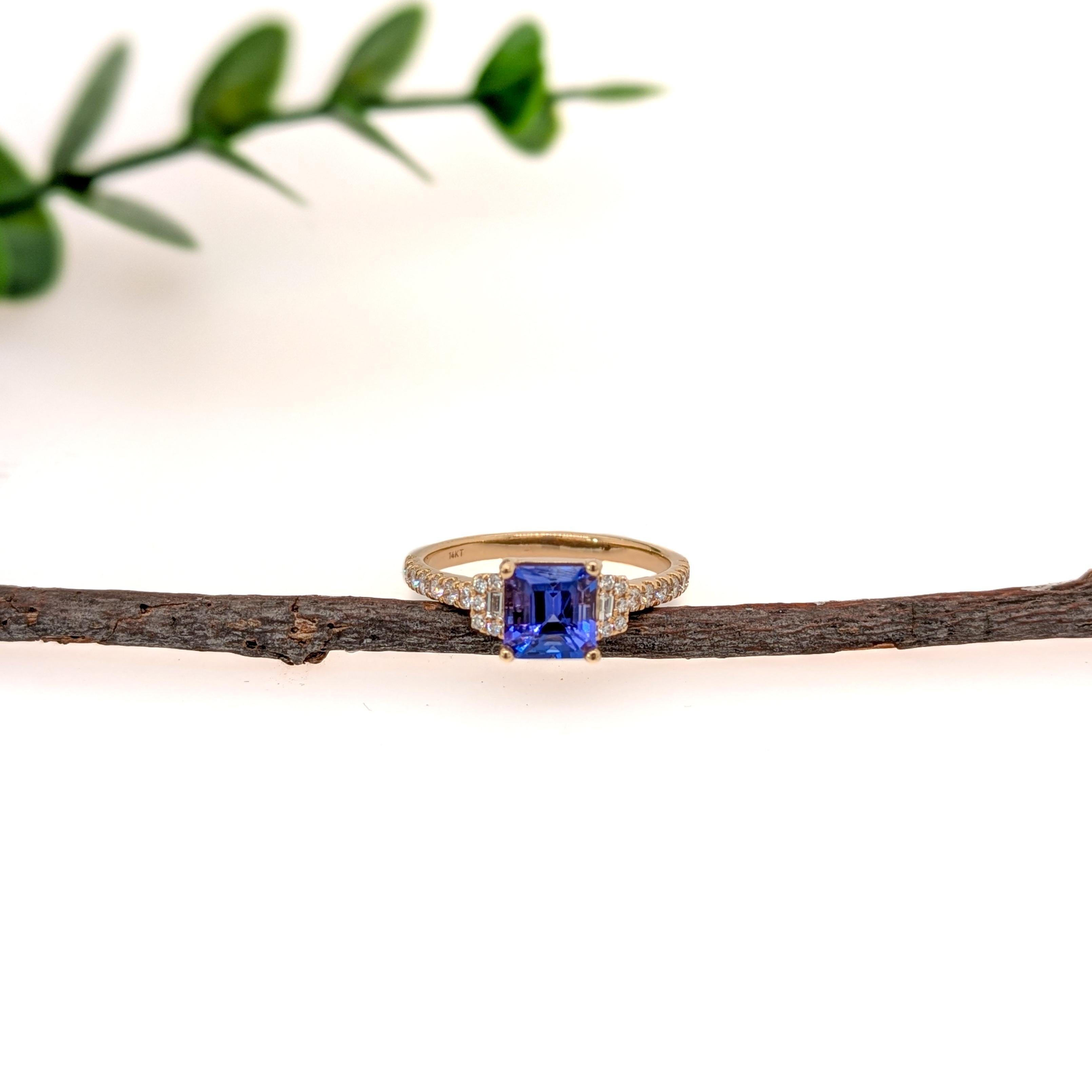 Cushion Cut 1.4 Carat Tanzanite Ring w Diamond Accents in Solid 14K Yellow Gold  EM 6mm